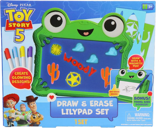 HotDisney Pixar Toy Story 5 Draw & Erase Lilypad Set, Frog Glow Board & Pen | 8.5-in Light-up Drawing Pad with 4 Dry Erase Markers, 2 Stencils, Wipe-off Cloth, and Travel Magnetic Doodle Board