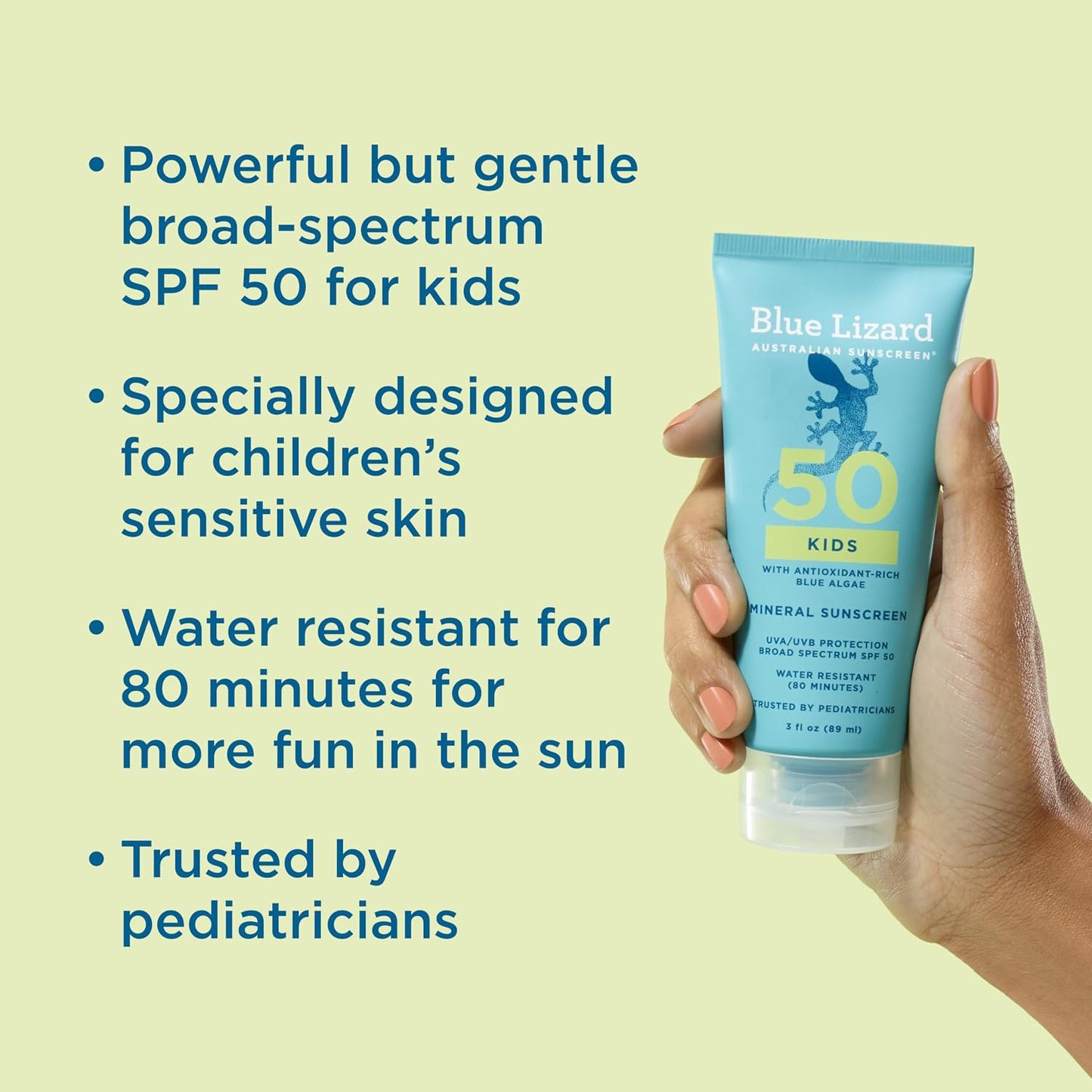 HotBlue Lizard Kids Mineral SPF 50 Sunscreen Lotion, 100% Mineral, Children’s Sunscreen, Water-Resistant Formula, Paraben-Free, Fragrance-Free, 3 fl oz