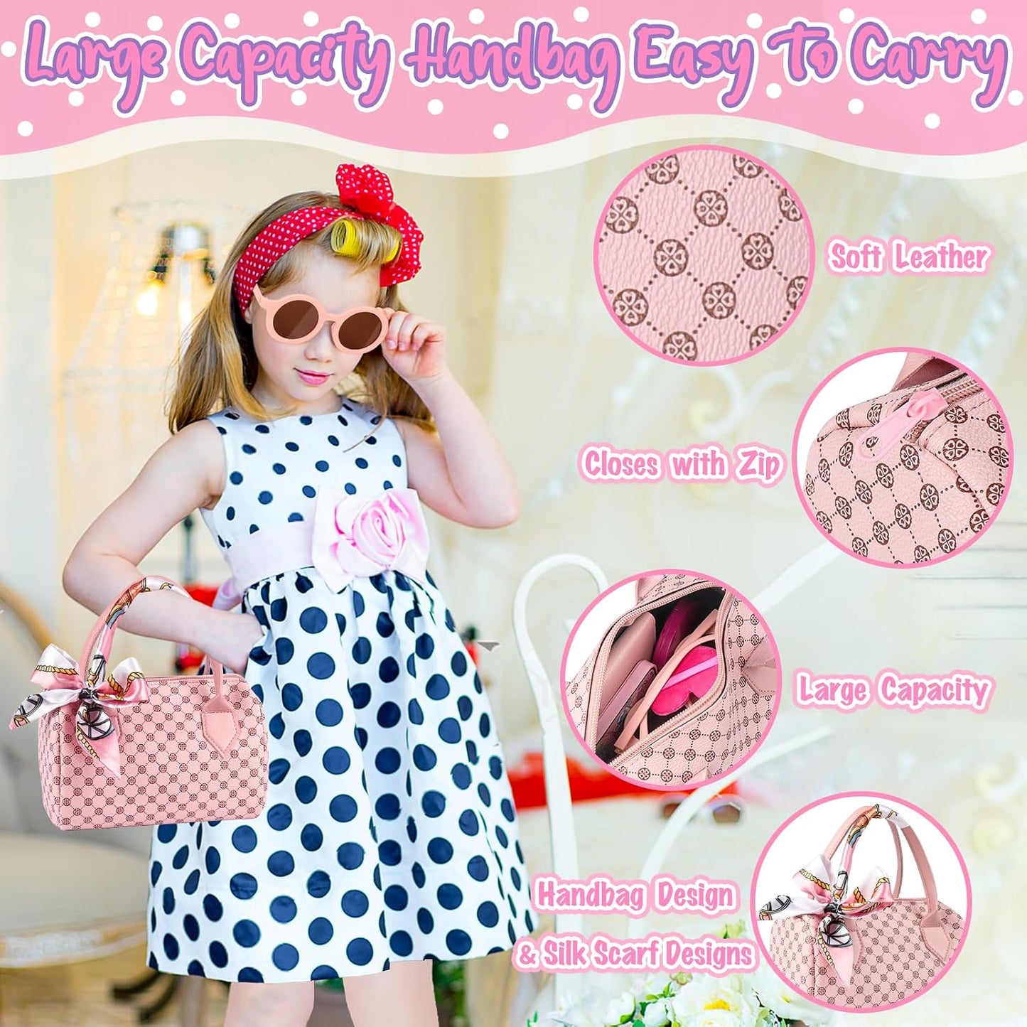 HotOisacirg Play Purse for Little Girls, 32PCS Toddler Purse with Pretend Makeup for Kids, Princess Toys Includes Handbag, Phone, Wristwatch, Silk Scarf Kids Toy Purse Birthday Gift for Girls 3 4 5 6 +