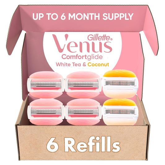 HotGillette Venus ComfortGlide White Tea 4 count, with Gillette Venus ComfortGlide plus Olay 2 count, Women's Razor Blade Refills