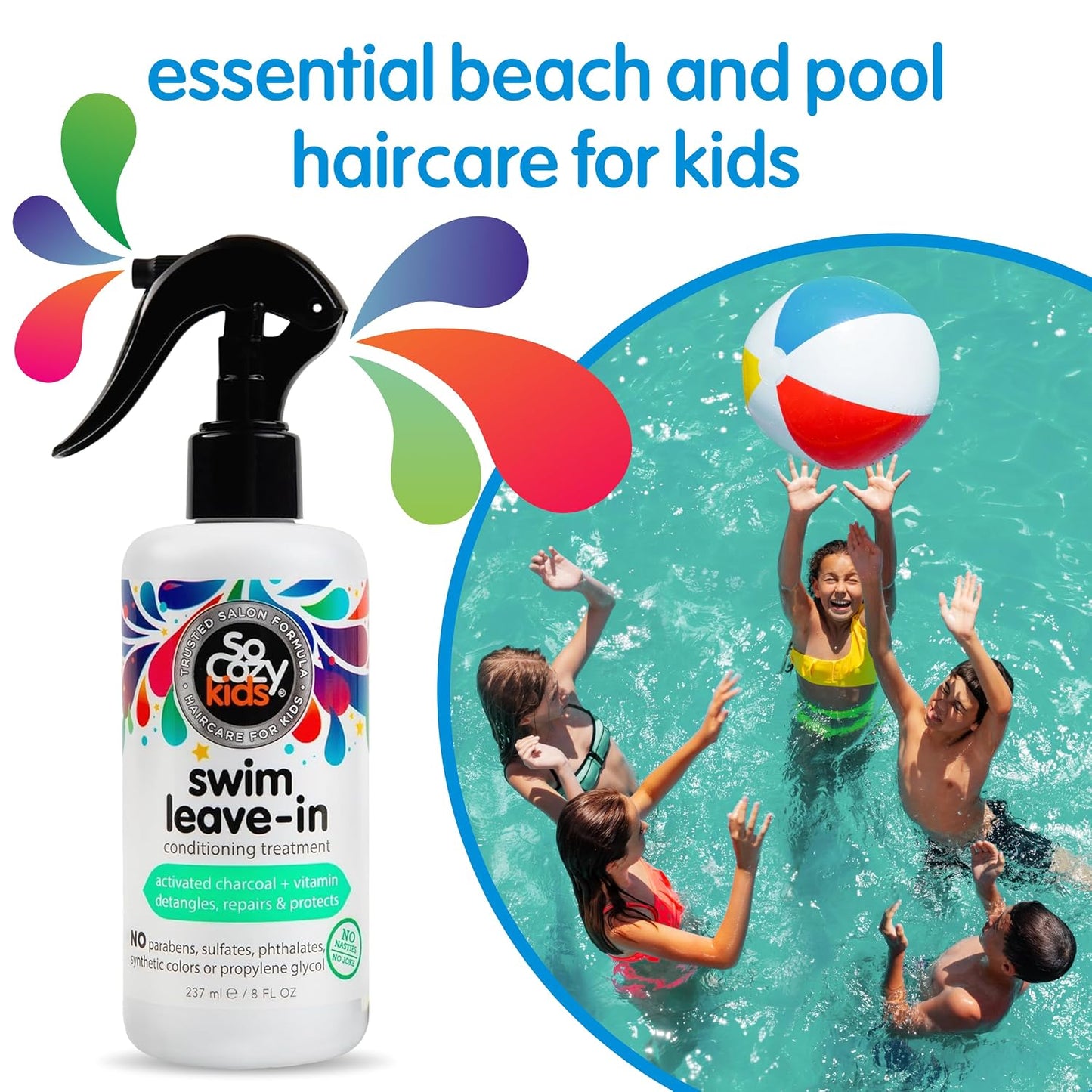 HotSoCozy Swim Leave In Conditioner Spray & Treatment for Kids Hair (8 Fl Oz) Protects & Repairs Pool, Sun & Salt Damaged Hair, Gentle Formula with Activated Charcoal, Vitamin B5 & Sunflower Seed Extract