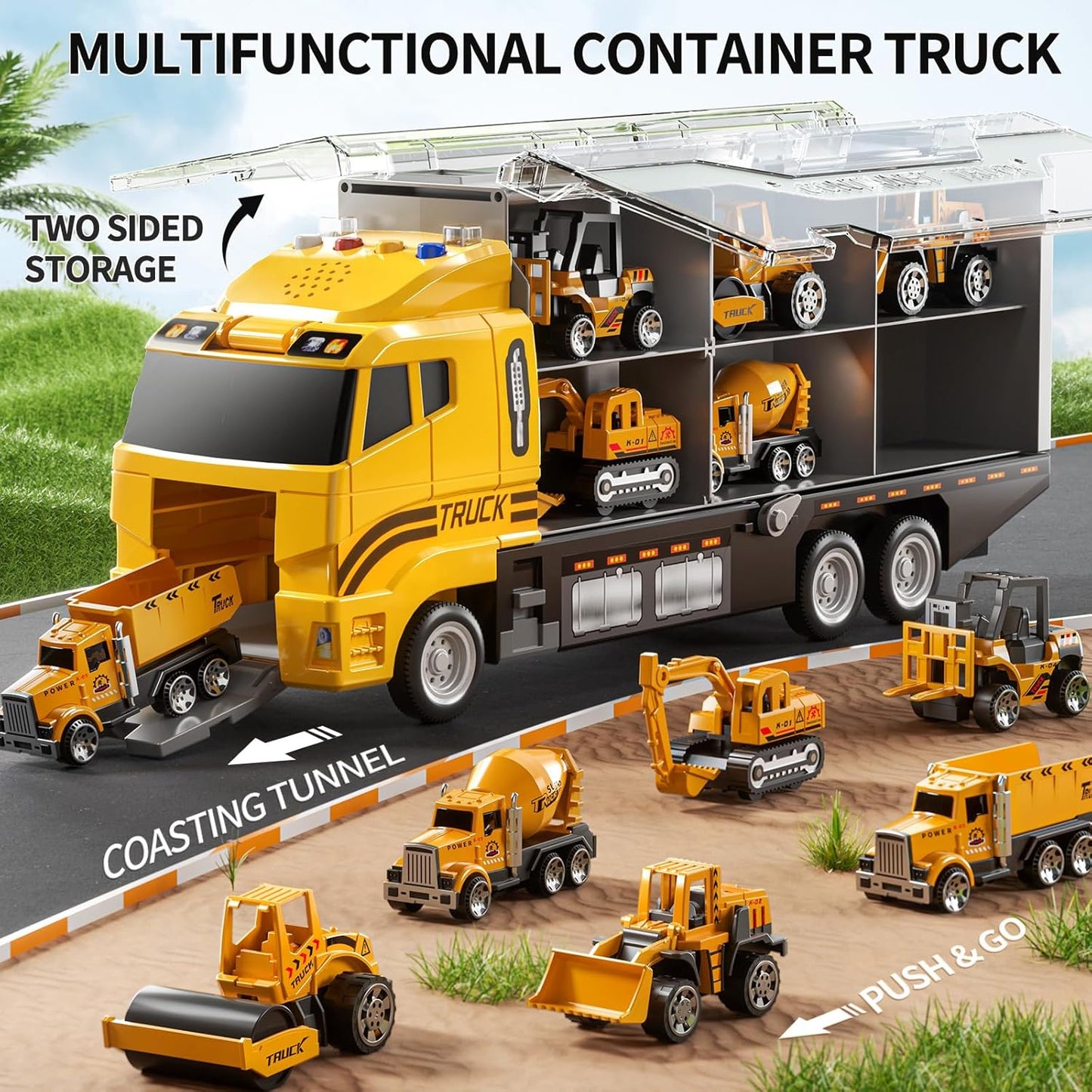 HotNIPLOOOW Toddler Boys Construction Truck Vehicle Toy Set with Play Mat and Die-Cast Toy Car, Transport Carrier Truck for Kids 3-5, Birthday Gifts Toys for 3-8 Year Old Boys