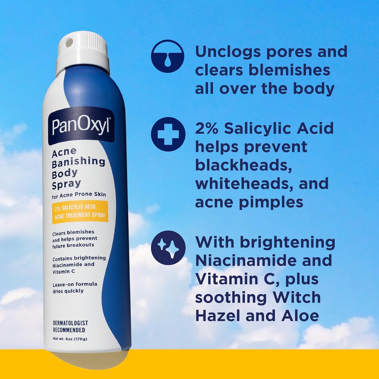 HotPanOxyl Acne Banishing Body Spray with 2% Salicylic Acid, Pimple Treatment Spray to Clear Stubborn Breakouts, 360-Degree Spray Nozzle, Skin-Brightening Niacinamide, Vitamin C, Witch Hazel, Aloe, 6 Oz