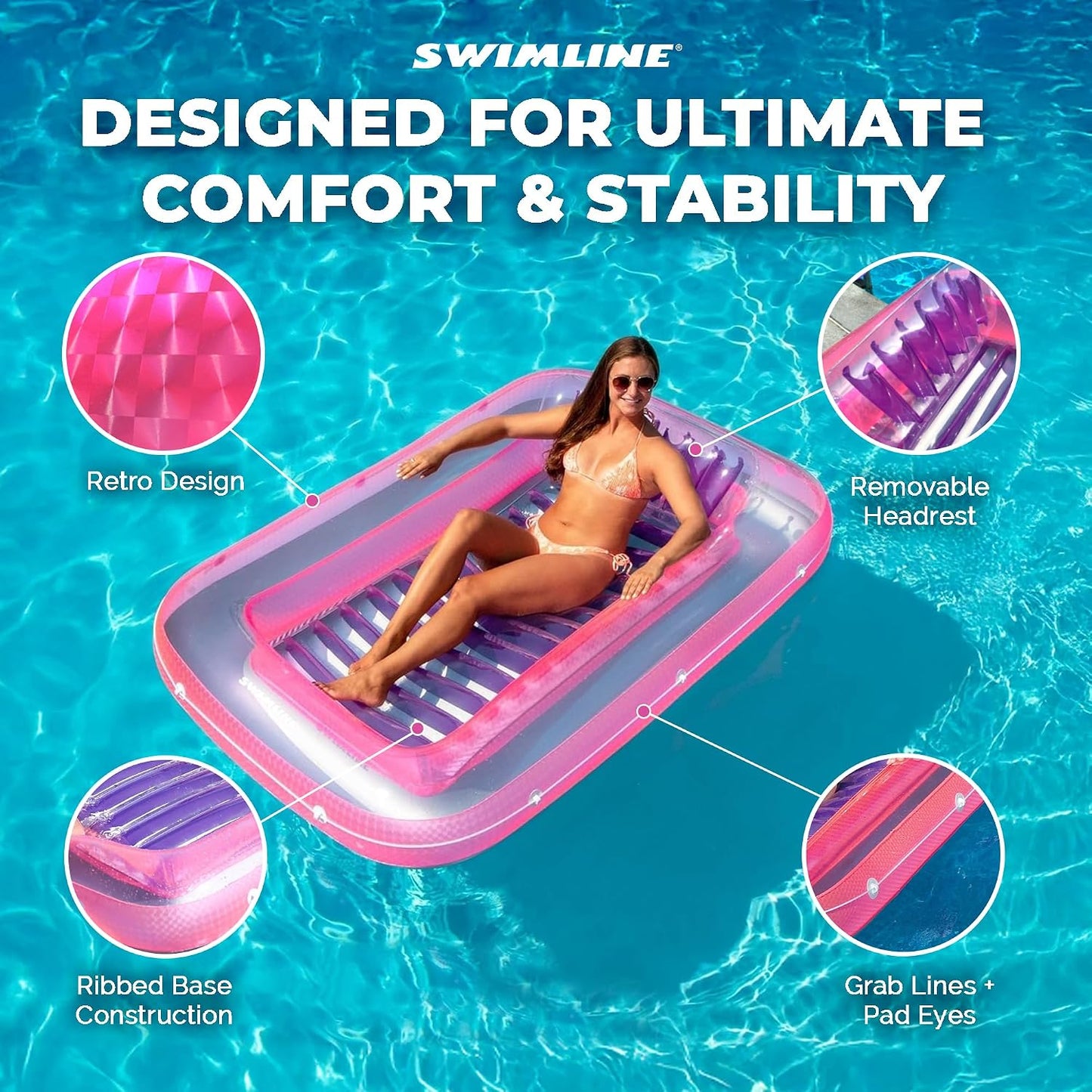 HotSWIMLINE Original Suntan Tub Series Classic Inflatable Tanning Float Floating Lounge | Personal Tan Pool Hybrid Lounger | Adjustable Pillow | Fill with Water | Reflective Tanning Design
