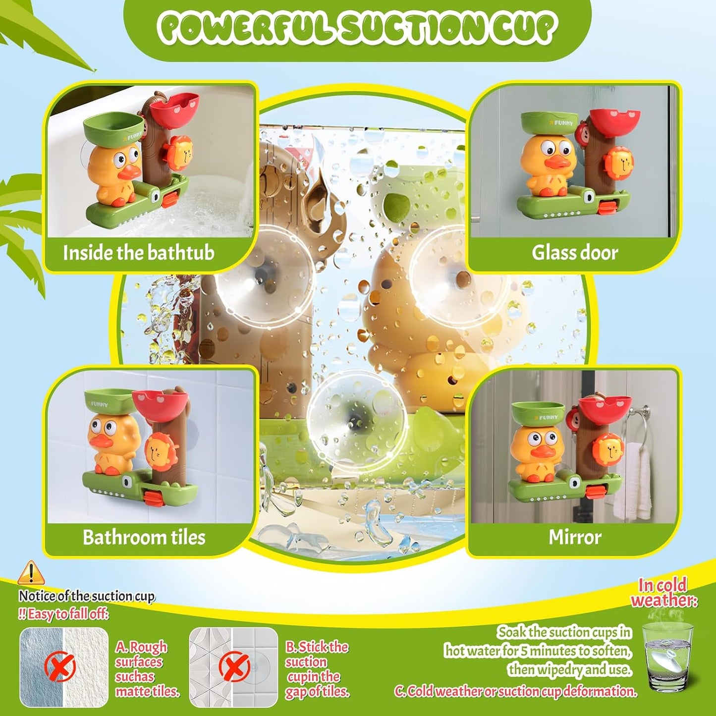 Hot Toddler Bath Toys for Kids Ages 1-3 Waterfall Bathtub Toys for Toddlers 2-4 | with 3 Stacking Cups No Mold Baby Bath Toys Interactive Duck Water Shower Toys for Boys Girls Gifts with Strong Suction Cups