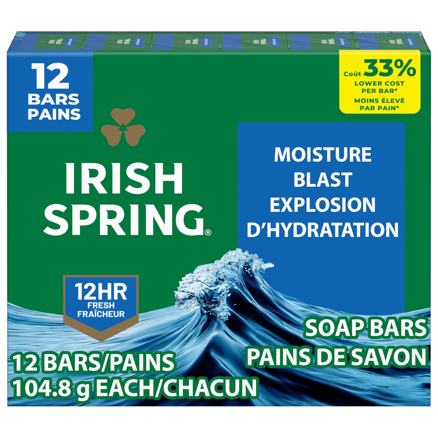 HotIrish Spring Bar Soap for Men, Original Clean, Smell Fresh and Clean for 12 Hours, Men Soap Bars for Washing Hands and Body, Mild for Skin, Recyclable Carton, 3.7 Ounce - 3 Count (Pack of 8)