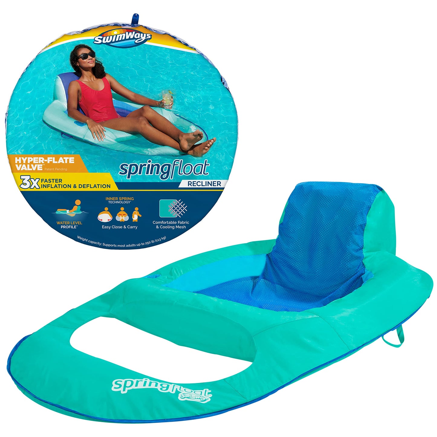 HotSwimWays Spring Float Recliner, Fast-Inflating Adult Pool Lounger; Ages 15+ | Patented Fast Inflation for Immediate Use During Travel, Fits Most Adults and Teens, Teens & Adults Can Lounge Comfortably
