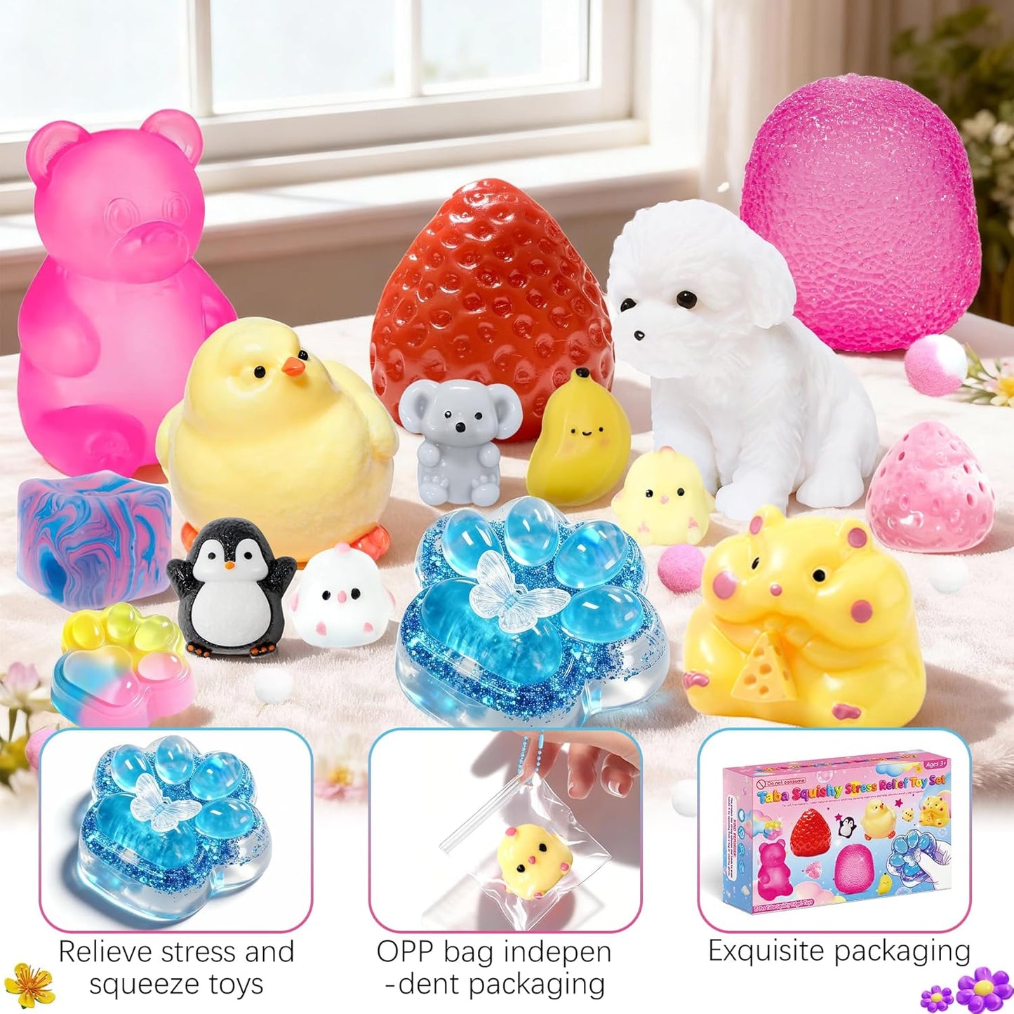 Hot 15Pcs Taba Squishies Kit, Squishies Fidget Toys, Including Strawberry, Cat Paw, Hamster Toy, Stress Relief Toys Party Favors for Kids 4-8 8-12, Sensory Toys Birthday Easter Gifts