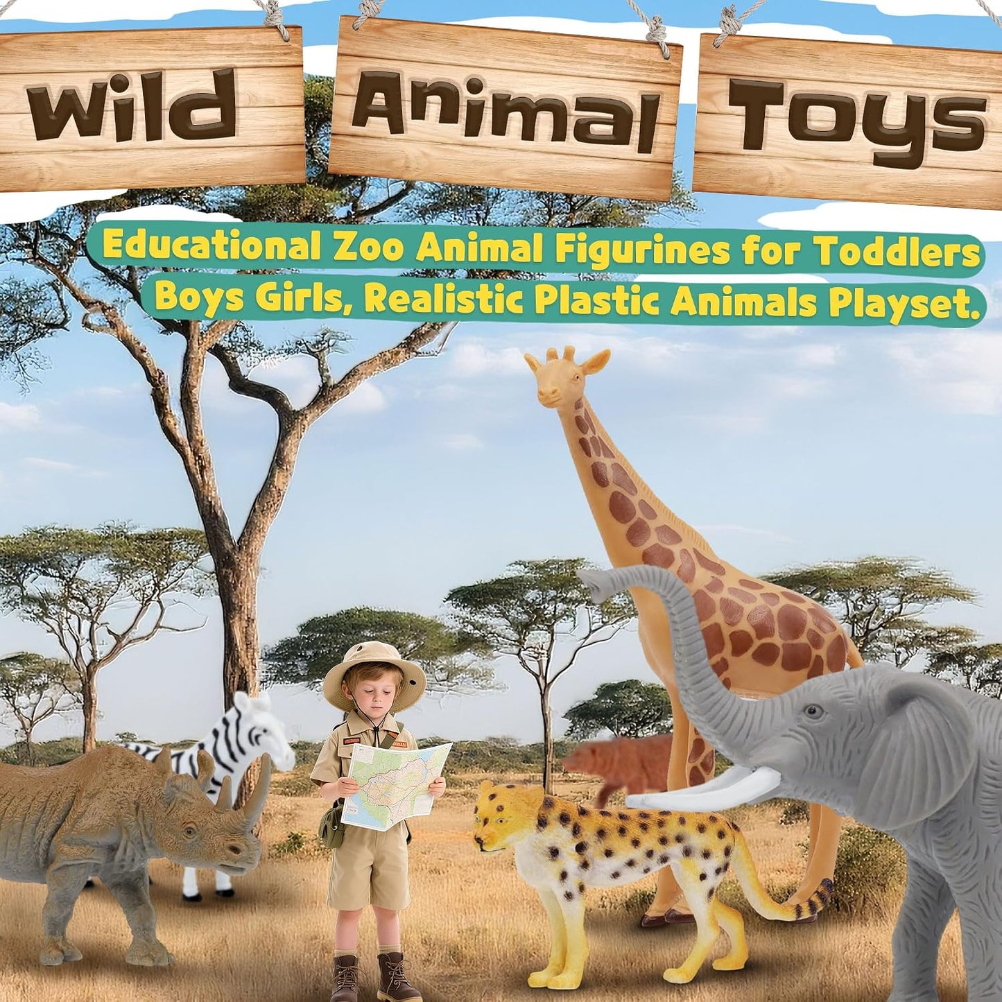 HotSafari Animal Figurines Set for Kids, 10 Piece Realistic Wild Zoo Animals Collection with Elephant, Lion, Tiger, Giraffe, Educational Toys for Toddlers Boys Girls
