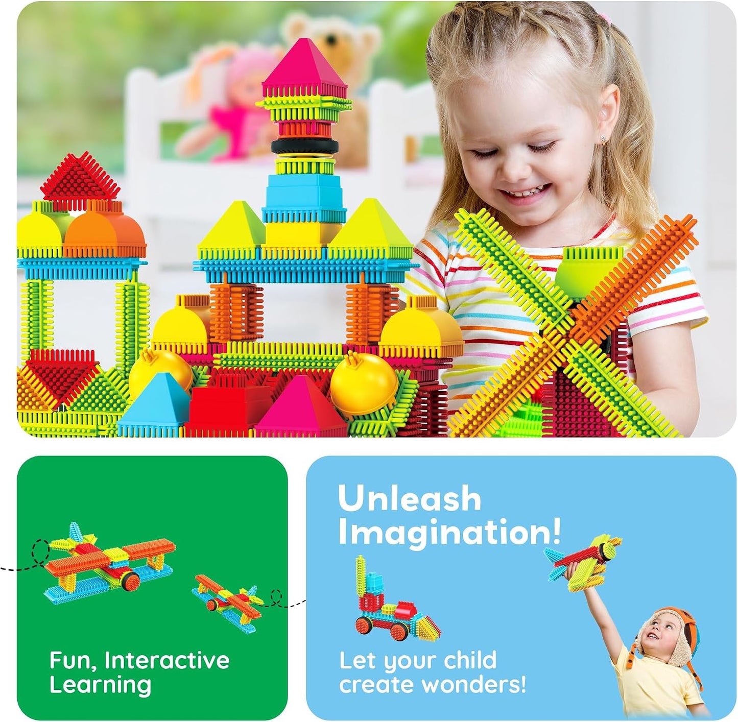 HotPicassoTiles 120pcs Hedgehog Interlocking Building Blocks Tiles Construction Toy Set Learning Playset STEAM Development Preschool Kindergarten Toy for Kids Age3+ PTB120 | Soft rubbery texture, easy-connect forms, BPA-free & lead-safe material, 20+ 3D d