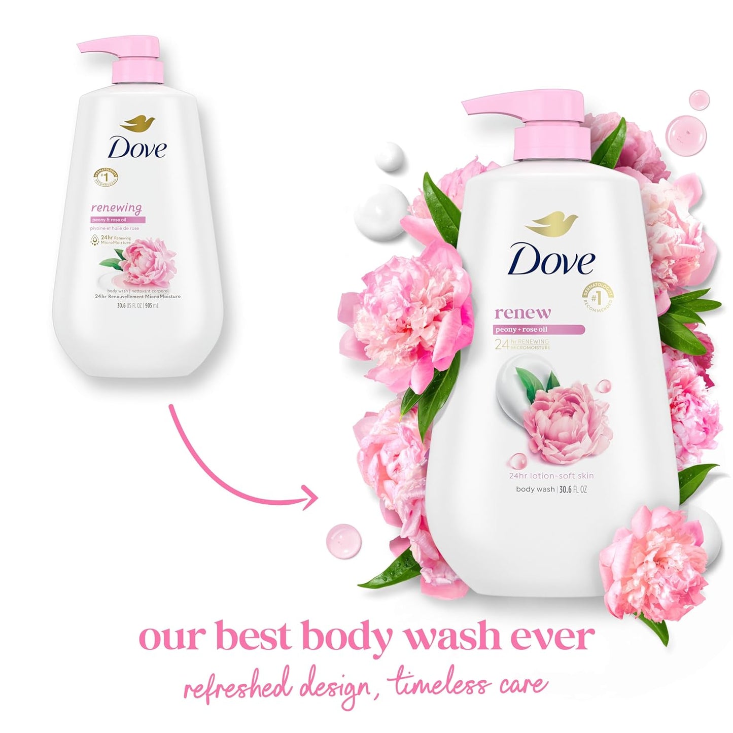 HotDove 24hr Lotion Body Wash Renew Peony & Rose Oil, 30.6 oz | Hydrating body wash with MicroMoisture for 24-hour soft, healthy-looking skin