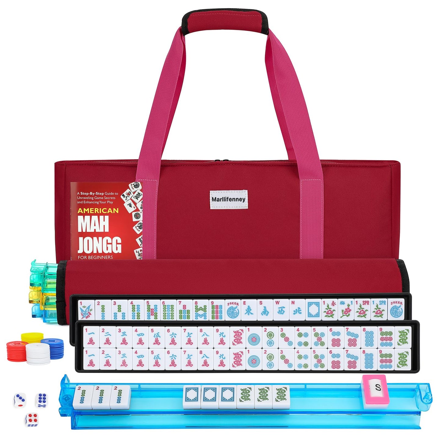Hot American Mahjong Tile Set,166 White Tiles Mahjong Set,4 Colors Mahjong Racks,Travel Mahjong Set with Blue Carrying Bag