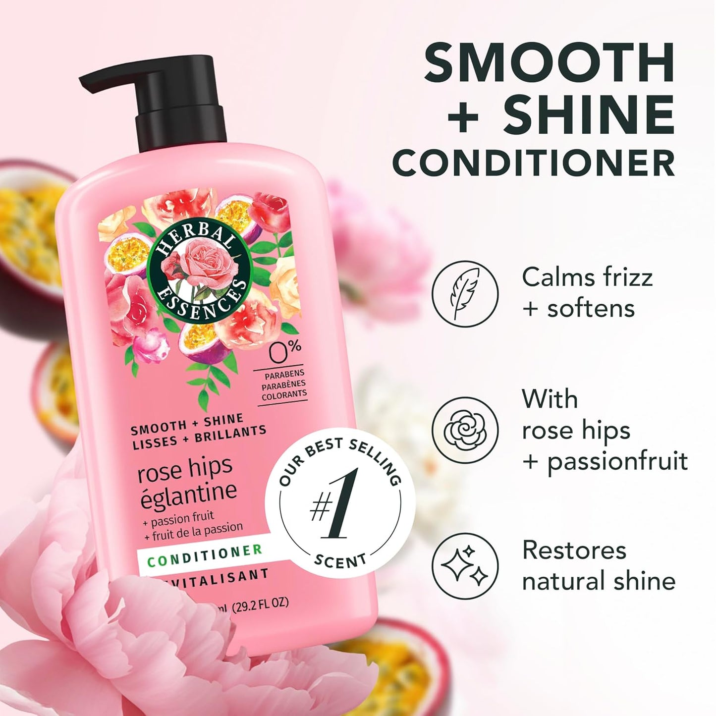 HotHerbal Essences Conditioner, Rose Hips + Passionfruit - Smooth Collection, Shiny Hair with Vitamin E & Jojoba, Safe for Color Treated Hair, Floral Scent, Cruelty-Free, Dermatologist-Tested, 29.2 Fl Oz