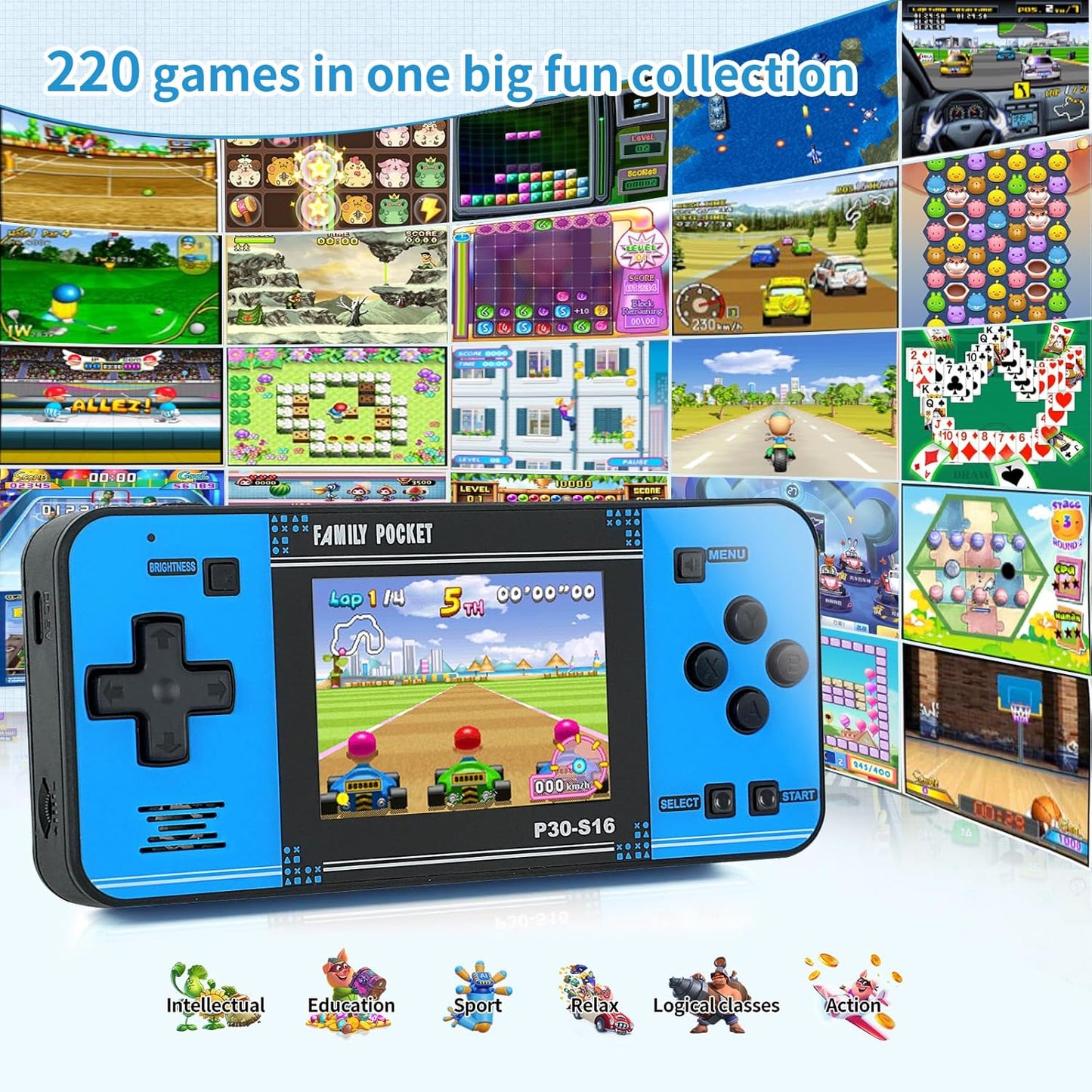 Hot Handheld Game for Kids -Preloaded 220 Retro Video Games, Portable Gaming Player with Rechargeable Battery 3.0" LCD Screen, Mini Arcade Electronic Toy Gifts for Boys Girls (Black+Blue)
