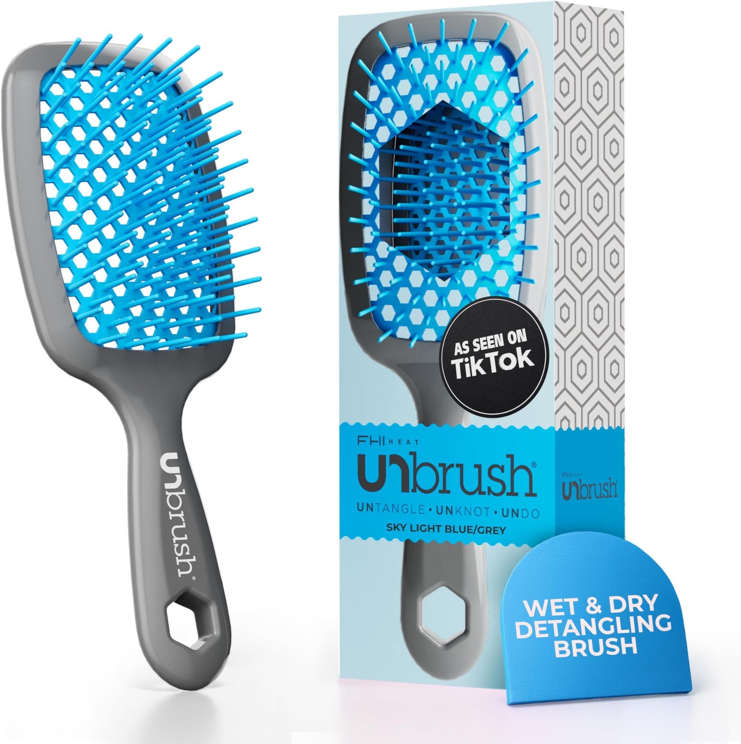 HotFHI Heat UNbrush Detangling Brush for Pain-Free Brushing on All Wet or Dry Hair Types — Durable DuoFlex Anti-Static Bristles, Lightweight Handle, Vented Hair Brush, Periwinkle Light Blue