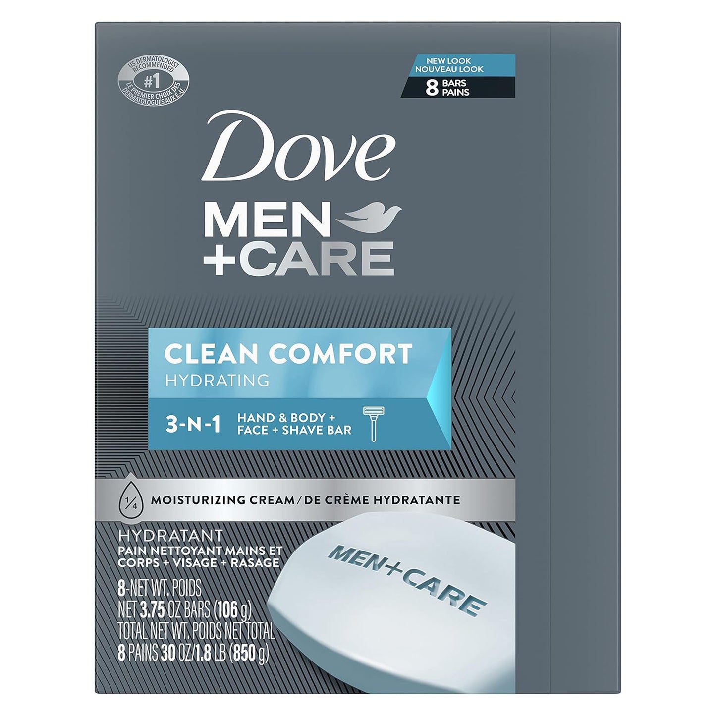 HotDOVE MEN + CARE Body and Face Bar To Clean and Hydrate Skin Body and Facial Cleanser More Moisturizing Than Bar Soap 3.75 oz 8 Bars