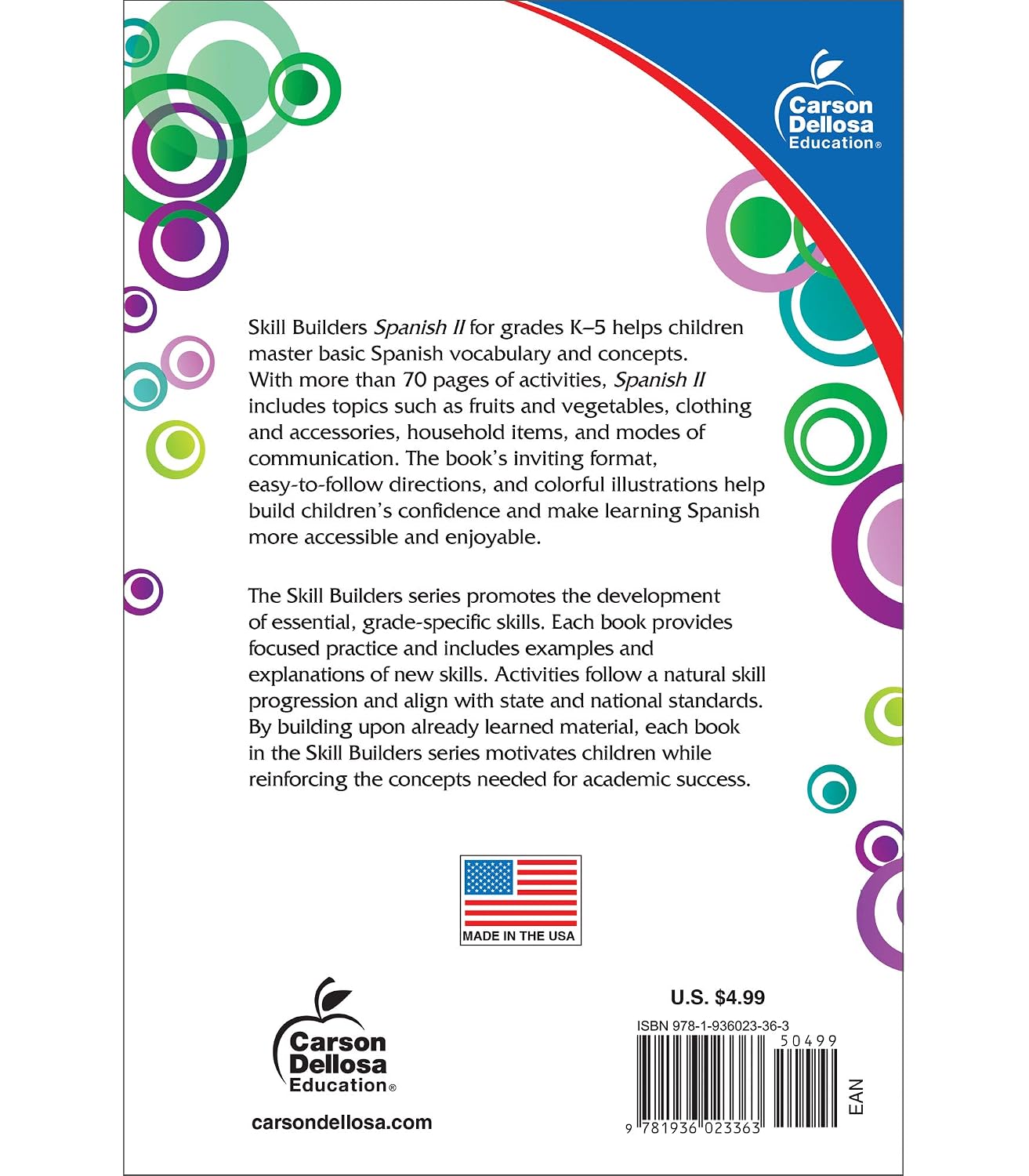 Hot Carson Dellosa – Skill Builders Spanish II Workbook, for Grades K–5, 80 Pages With Answer Key