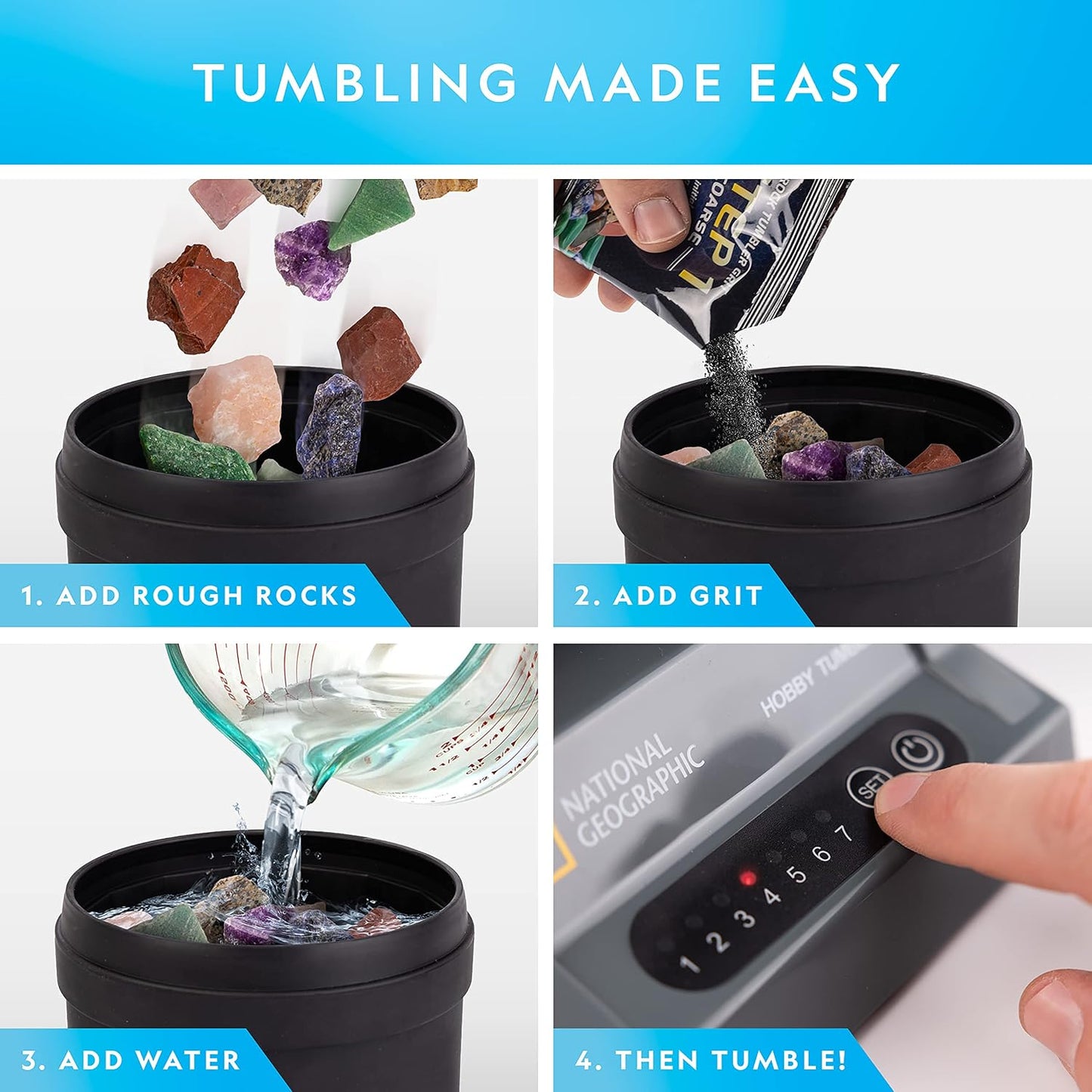 Hot National Geographic Hobby Rock Tumbler Kit for Kids and Adults Ages 8+ | Rough Gemstones, 4 Polishing Grits, Rock Polisher, Geology Science Kit, Rock Tumbling for Kids and Adults, Birthday Gift
