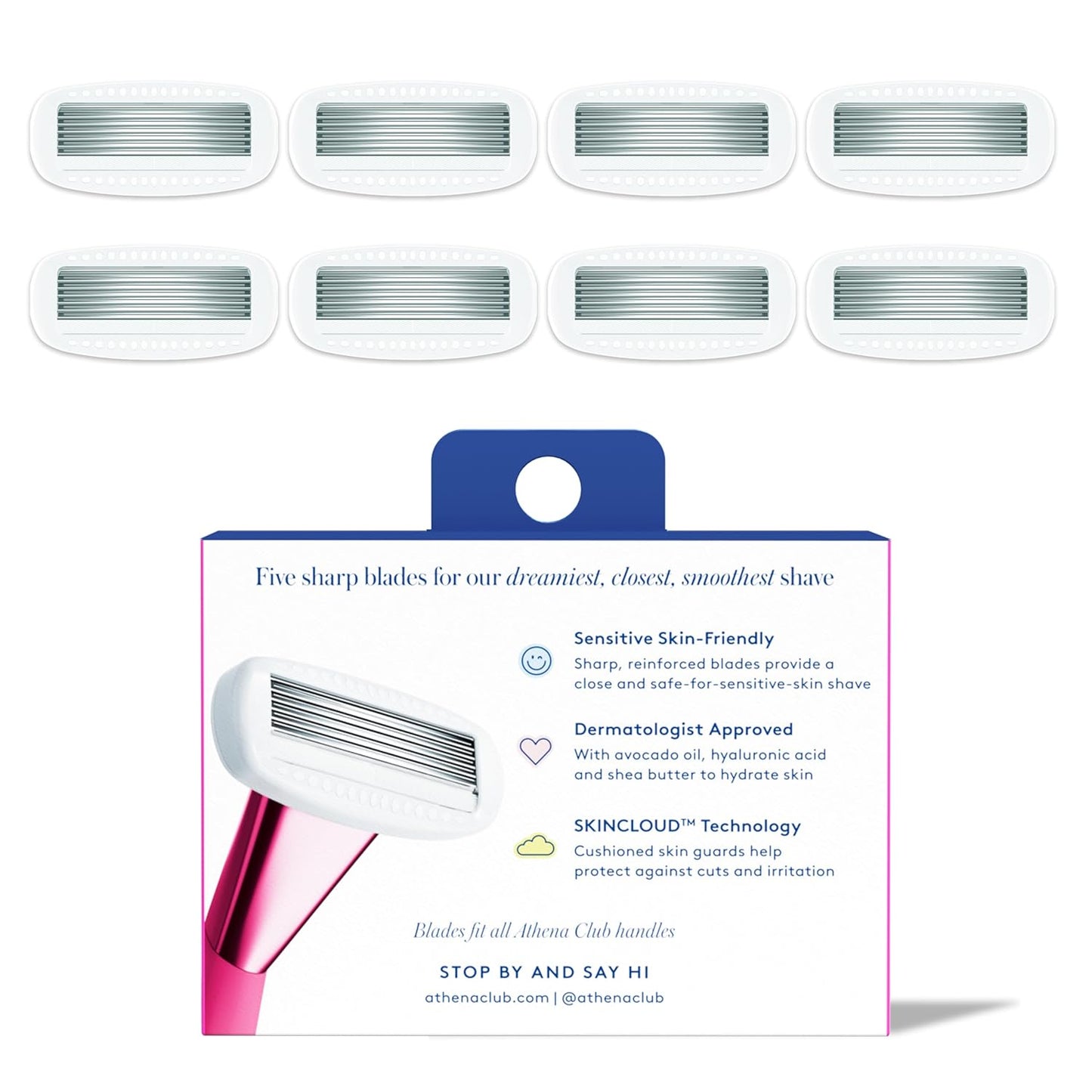 HotAthena Club Women's Razor Blade Refills, 5-Blade Cartridges, 8 Count | Shea Butter & Hyaluronic Acid Infused Stainless Steel Razors for Women , Great for Sensitive Skin , 8-Pack Refill