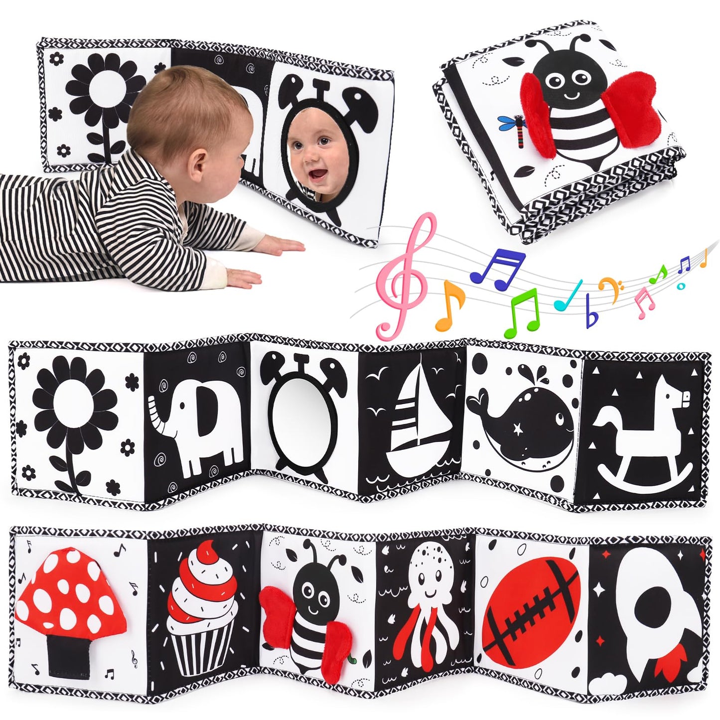 HotBlack and White High Contrast Toys for Baby 0-3 3-6 months Infant Tummy Time Soft Crinkle Book Mirror Sensory Toys 0 2 4 5 6 Month Old Babies Boy Gril Newborn Development Christmas Stocking Stuffer
