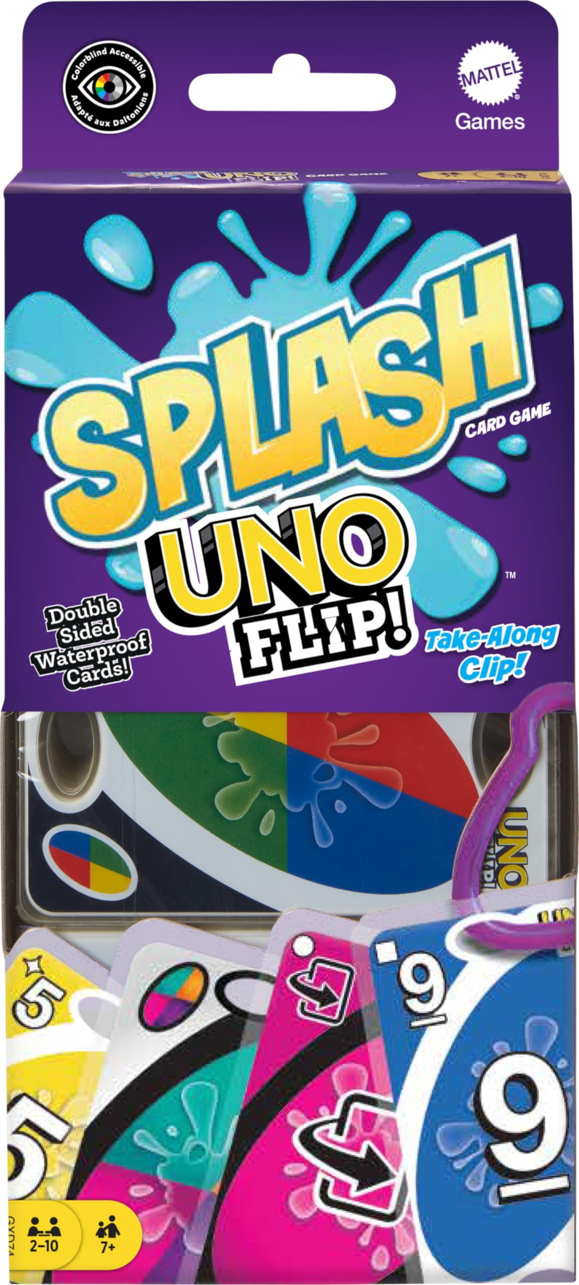 HotMattel Games UNO Splash Card Game, Ages 7+, 2-10 Players | With Waterproof Cards &Portable Carabiner Clip for Travel, Pool Time, Camping & Game Nights Away