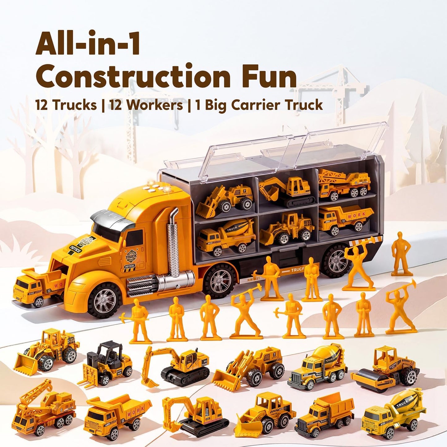Hot JOYIN 25-in-1 Construction Truck Toy Set with 12 Vehicles & 12 Worker Figures, Push and Go Toy Trucks with Sound and Light, Construction Toys Birthday Gifts for Kids 3 4 5 6 7 Years Old