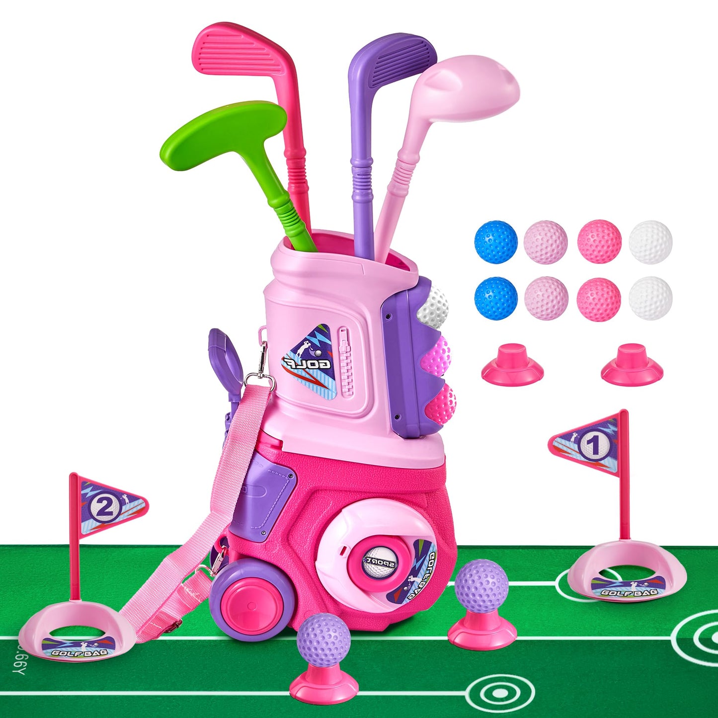 HotPJG Toddler Golf Set, Plastic Kids Golf Clubs Ages 1 2 3 4 Years Old with 4 Golf Clubs and 10 Balls, Indoor and Outdoor Golf Toys with Cart for Toddlers Boys and Girls Birthday Gift (Blue)