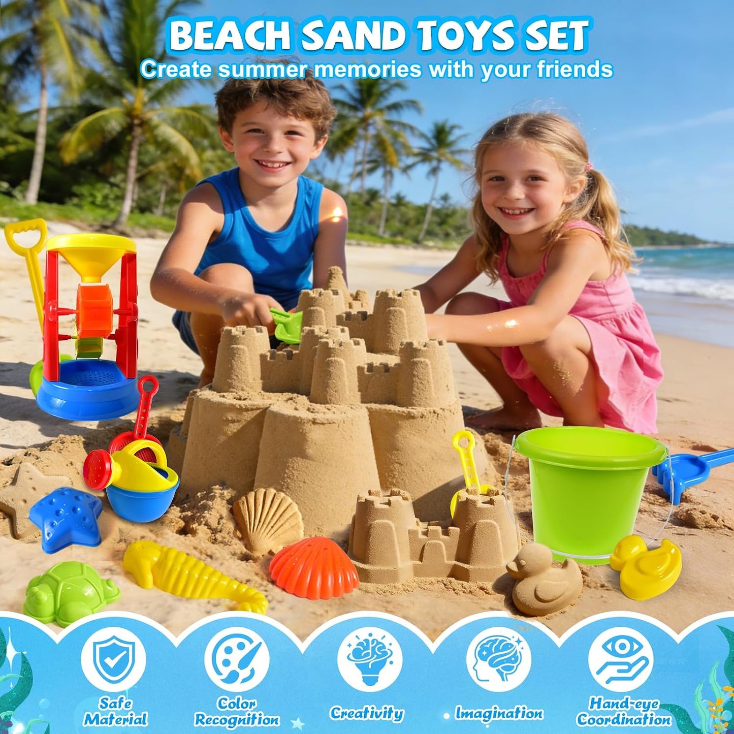 Hot Beach Toys, 19 Piece Sand Toys Set Kids Sandbox Toys Includes Water Wheel Beach Tool Kit Bucket Watering Can Molds with Mesh Bag for Kids Ages 3-13