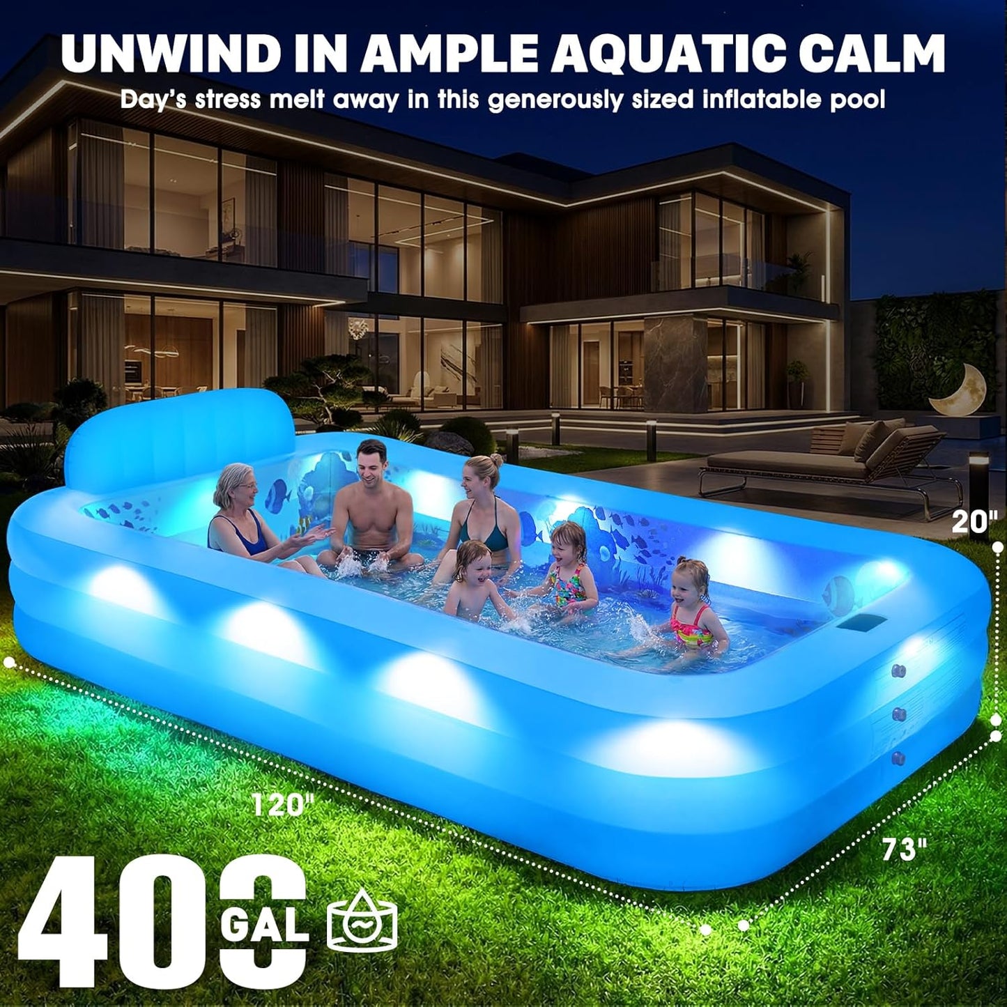 Hot Extra Large Inflatable Pool with Lights,Upgraded Solar Powered Blow Up Pool for Adults,Inflatable Kids Swimming Pool with Seat& Backrest,Big Inflatable Kids Pool for Backyard,120x73x20IN
