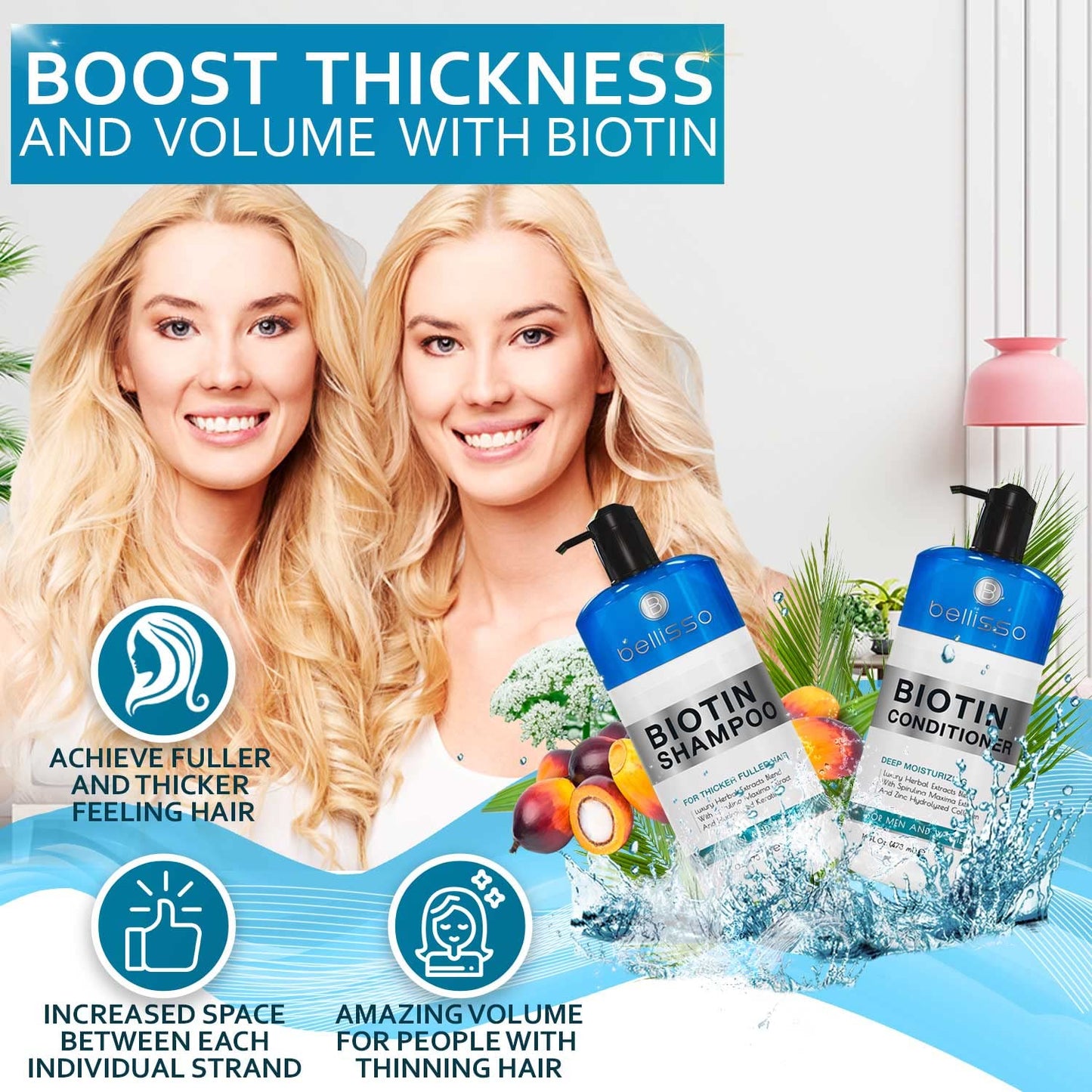 HotBiotin Shampoo and Conditioner Set - Sulfate and Paraben Free Treatment for Men and Women - Hair Thickening Volumizing Products to Help Boost Thinning Hair with Added Keratin