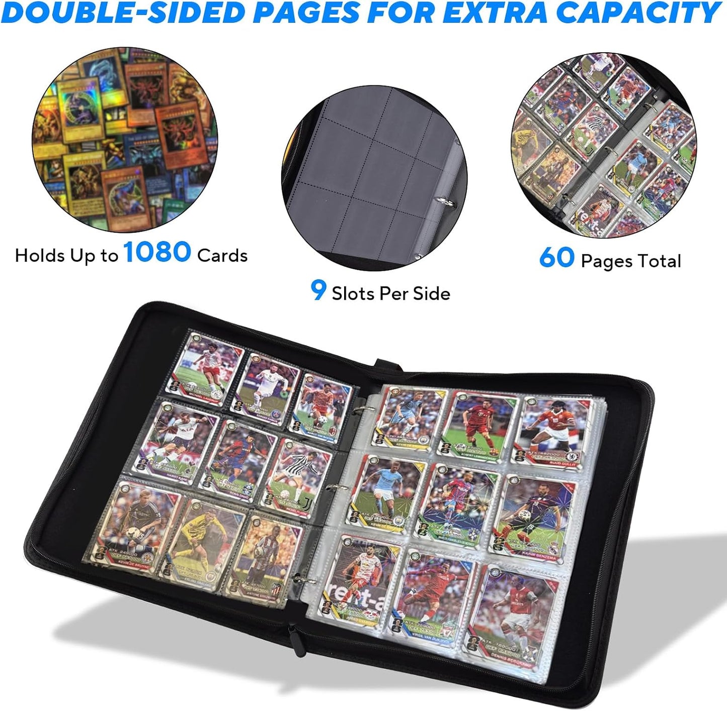 HotPortable 9-Pocket Trading Card Binder, Holds 1080 Cards with 60 Removable Double-Sided Sleeves, Baseball Card Binder Card Storage Organizer Album for Boys, Girls, Sports & Game Cards