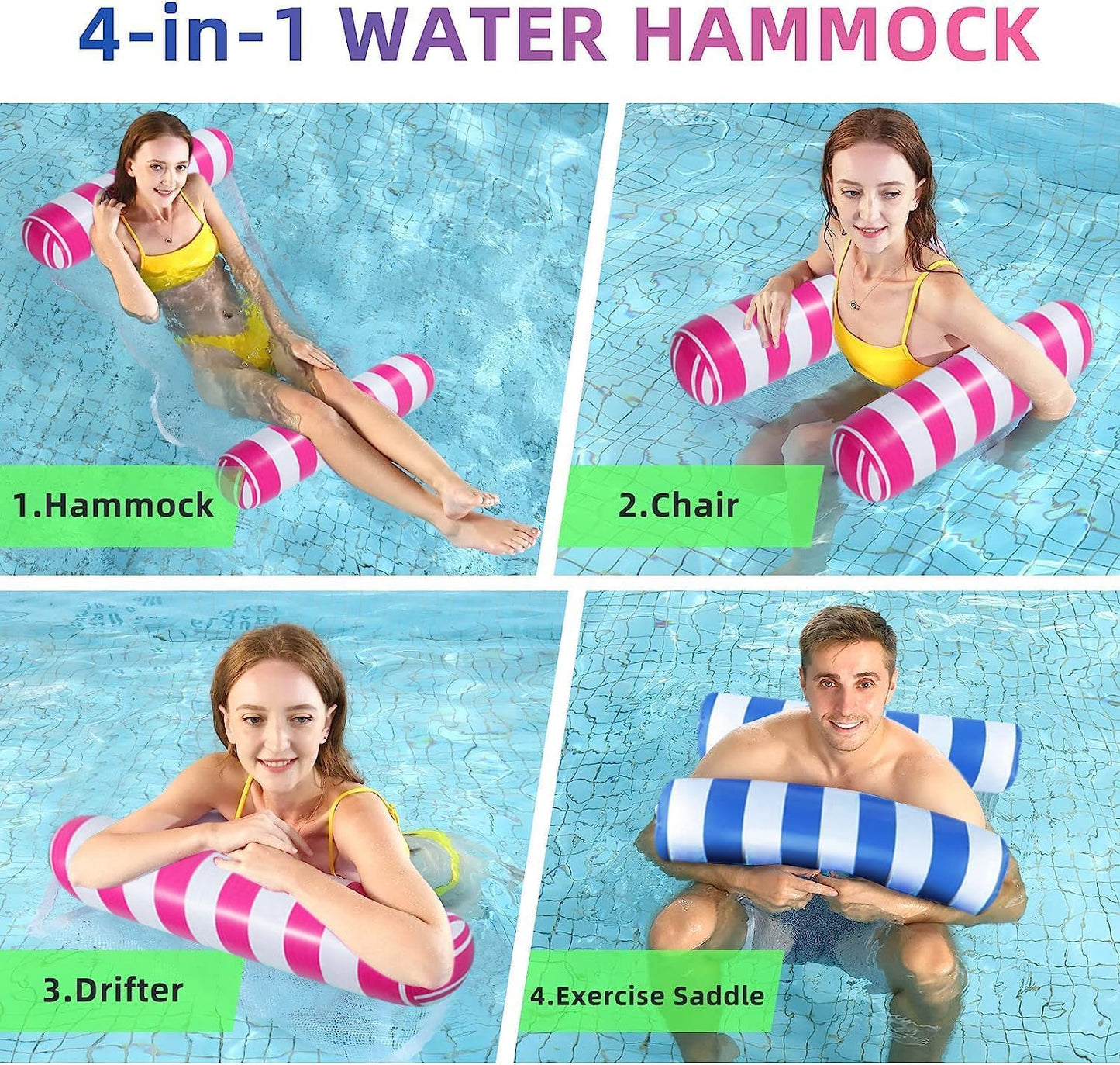 HotJUXIAO 5 Pack Upgrated XL Water Pool Floats, 4-in-1 (Hammock, Saddle, Lounge Chair, Drifter) Multi-Purpose Water Pool Float, Non-Stick PVC Material