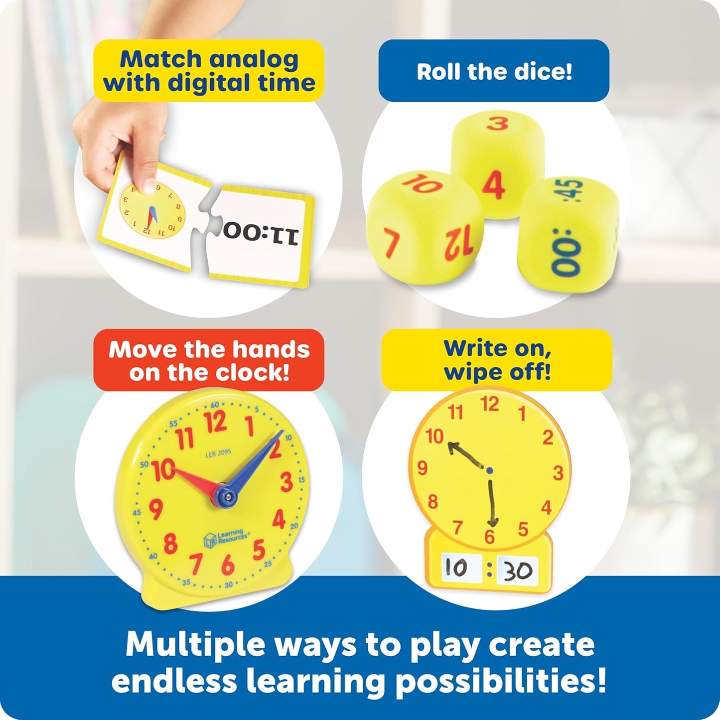 Hot Learning Resources Time Activity Set - Kids Learning Clock, Classroom Clocks for Students, Telling Time Teaching Clock, Analog Clocks for Kids, Teaching Classroom Supplies