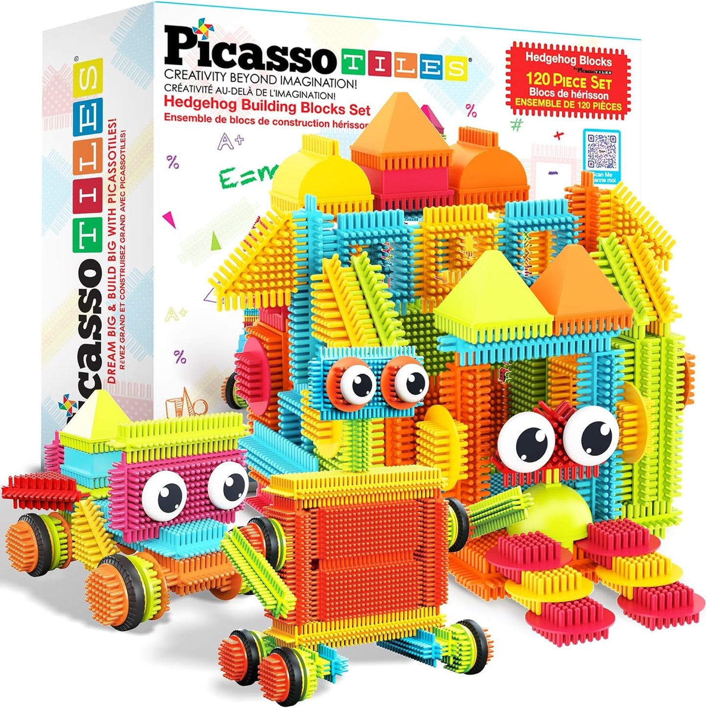 HotPicassoTiles 120pcs Hedgehog Interlocking Building Blocks Tiles Construction Toy Set Learning Playset STEAM Development Preschool Kindergarten Toy for Kids Age3+ PTB120 | Soft rubbery texture, easy-connect forms, BPA-free & lead-safe material, 20+ 3D d