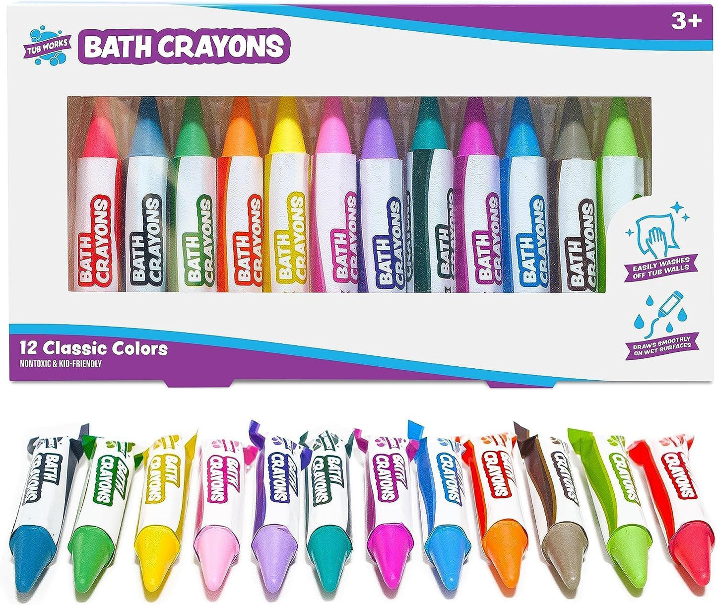 HotTub Works® Smooth™ Bath Crayons Bath Toy, 12 Pack | Nontoxic, Washable Bath Crayons for Toddlers & Kids | Unique Formula Draws Smoothly & Vividly on Wet & Dry Tub Walls | Hexagon Grip Bathtub Crayons
