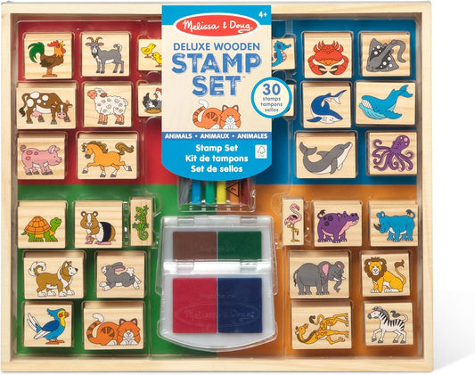 Hot Melissa & Doug Deluxe Wooden Stamp Set: Animals - 30 Stamps, 6 Markers, 2 Stamp Pads Kids Art Projects, Wooden Stamps with Washable Ink, for Kids Ages 4+