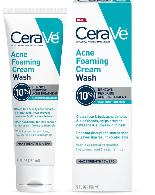 HotCeraVe Acne Foaming Cream Wash, Gentle Face and Body Cleanser with Benzoyl Peroxide 10%, Hyaluronic Acid, and Niacinamide, 10% Benzoyl Peroxide Treatment Clears Pimples and Blackheads 5 Oz
