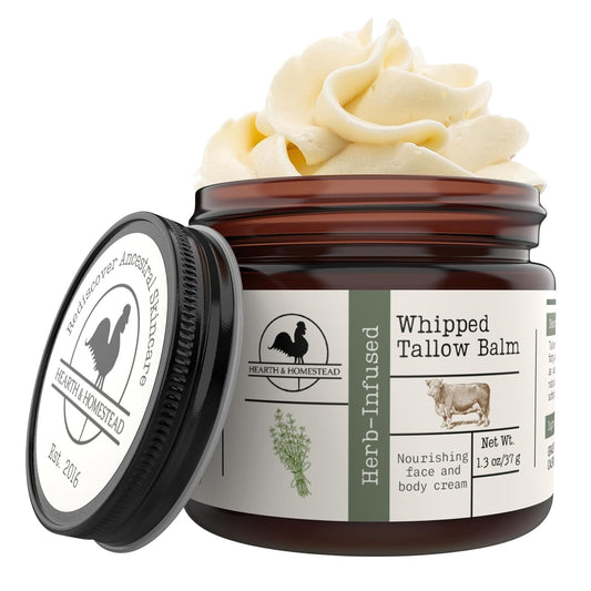 HotHearth & Homestead Whipped Beef Tallow for Skin & Face - 100% Grass Fed, Eczema Cream & Body Butter - Organic Olive Oil, Calendula & Rose - Lotion & Hand Moisturizer for Dry Skin, Unscented, 1.3oz