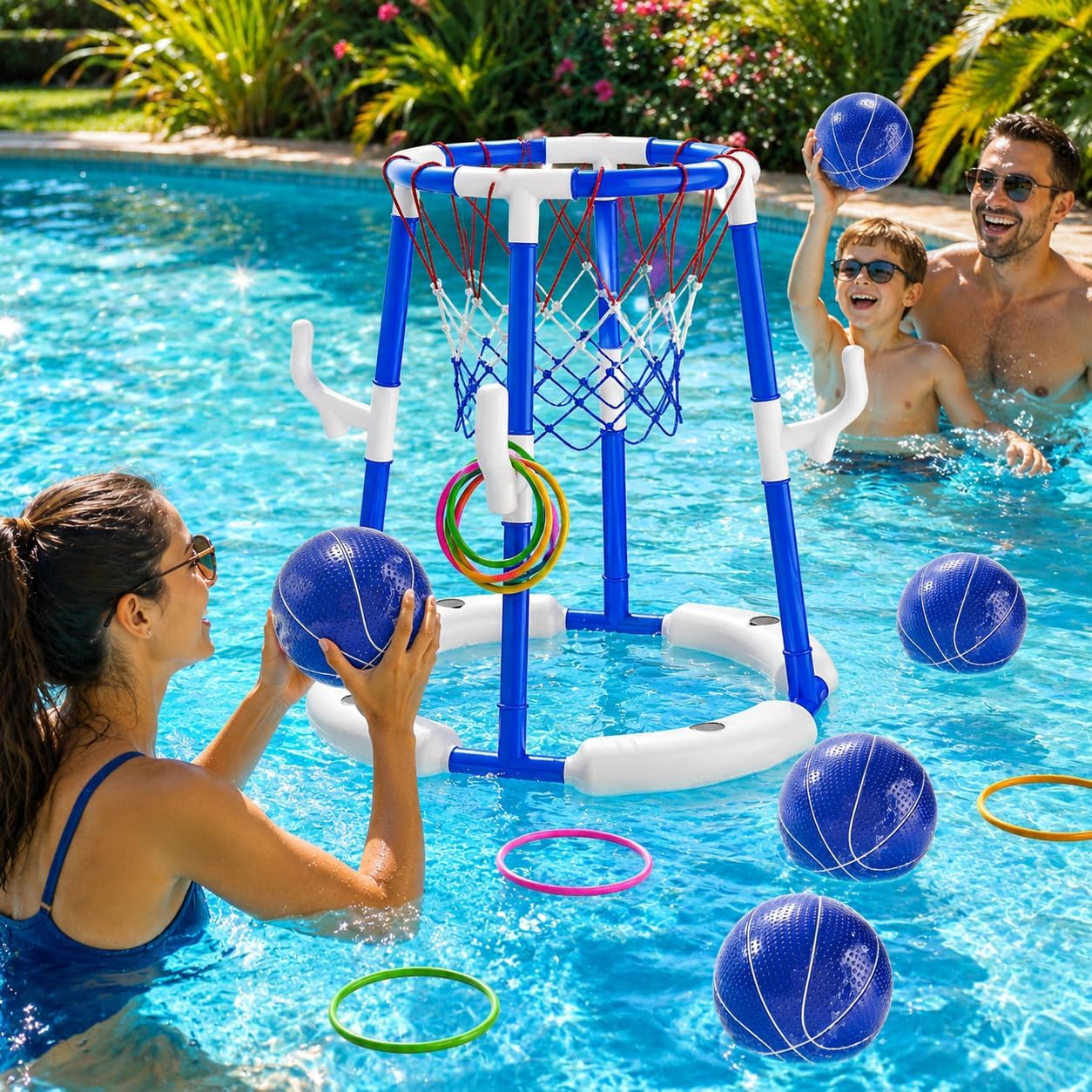 Hot 2-in-1 Pool Basketball Hoop & Ring Games with 4 Balls 12 Rings and Pump, Summer Water Outdoor Party Swimming Pool Toys Games for Kids Ages 4-8 8-12 Adult, Family Water Party Birthday Games Toys
