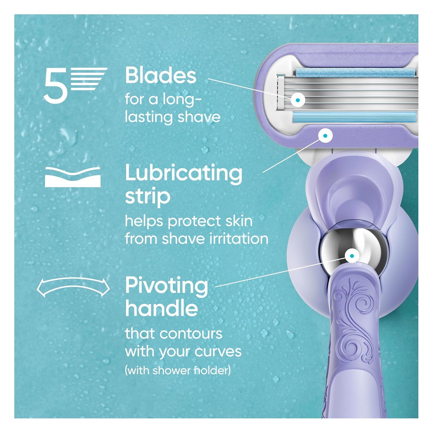 HotGillette Venus Razor for Women, Extra Smooth Contour, Includes 1 Reusable Razor Handle + 4 Count 5-Bladed Razor Refills, with Flexiball Pivoting Handle and Shower Holder