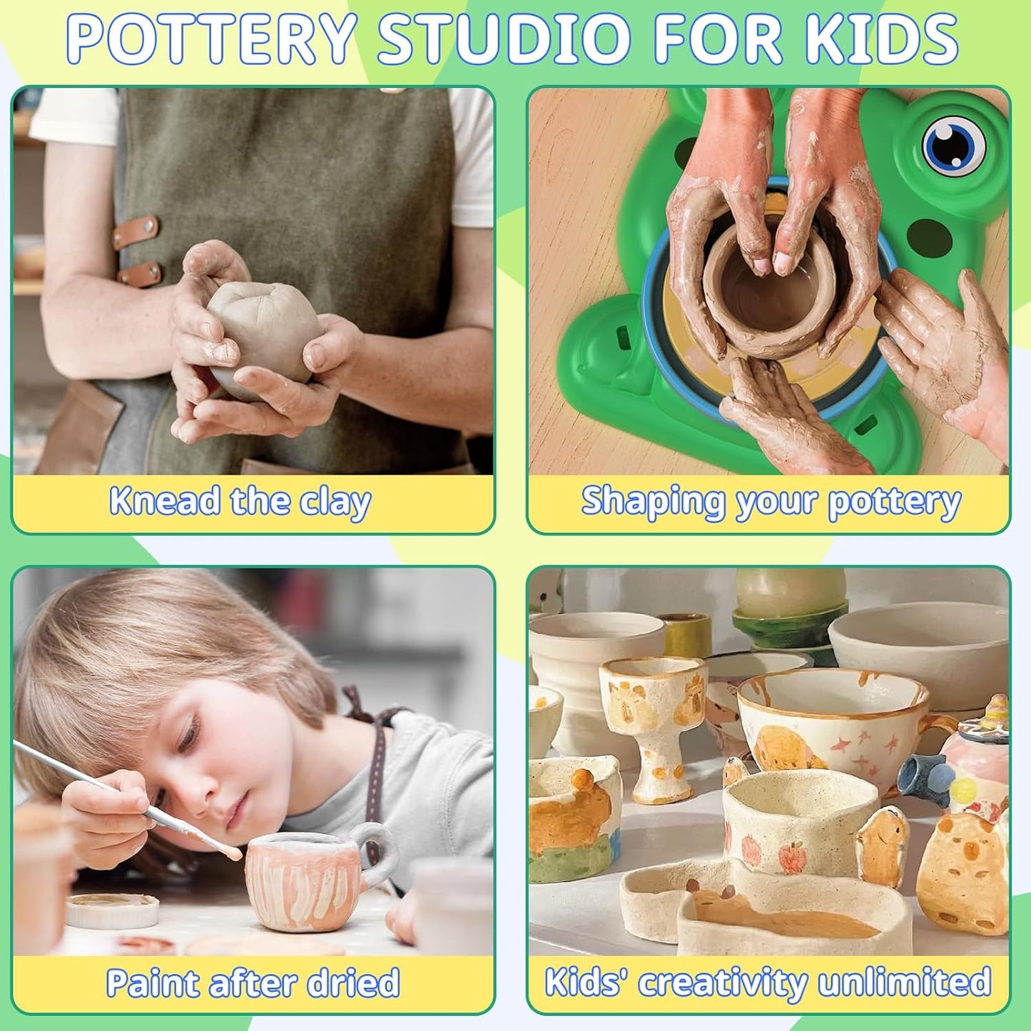 HotAujazyble Pottery Wheel for Kids - Complete Pottery Painting Kit Arts and Crafts for Kids Ages 8-12 with 3 Pack Air Dry Clay Art Supplies Toys for Girls Boy Birthday Gift for 6 7 8 9 10 11 12+