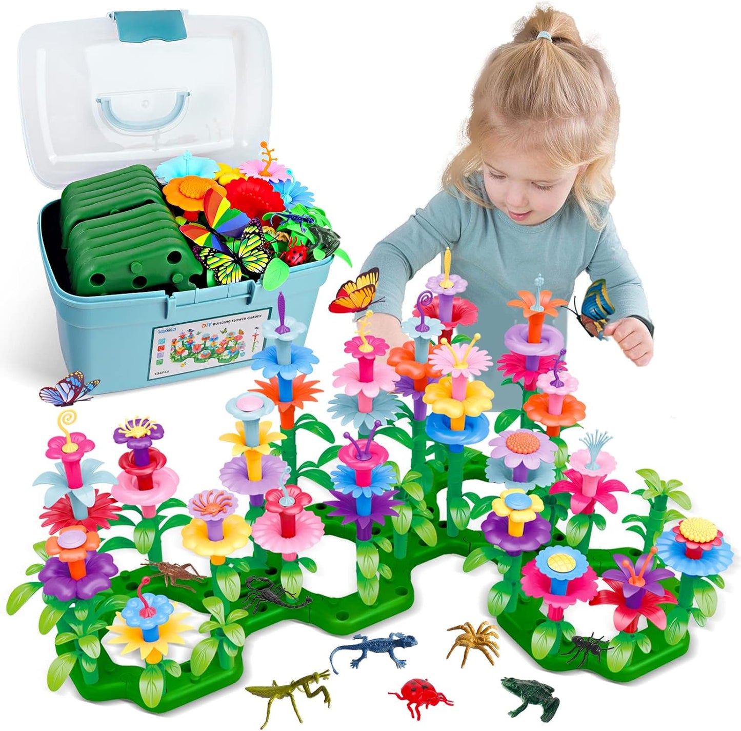 HotBirthday Toys Gifts for 2 3 4 5 6 Years Old Toddler Girls Boys, 156 PCS Insect Flower Garden Building Educational STEM Learning Pretend Play Gardening Set, Birthday Gifts for Preschool Kids Age 2+