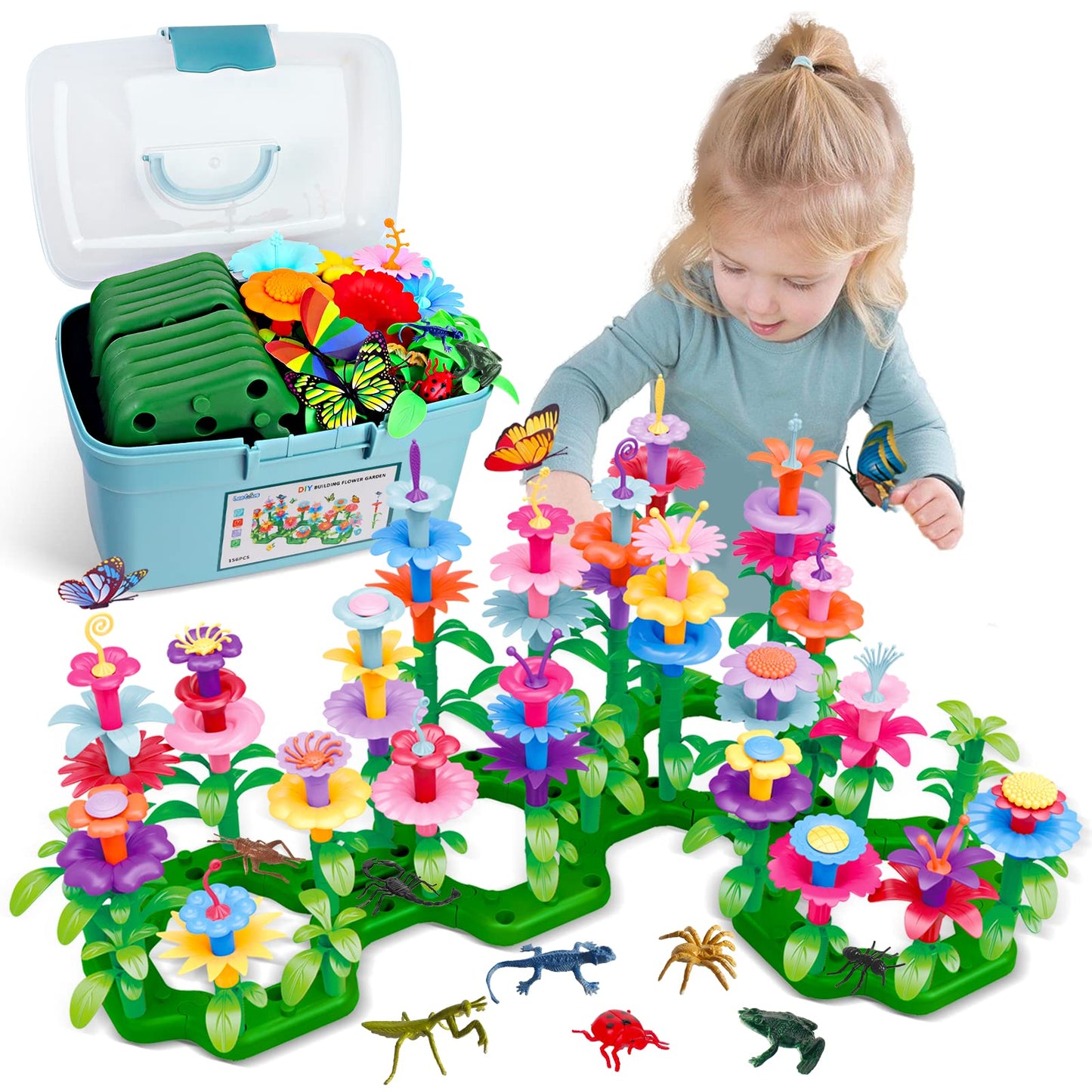 HotBirthday Toys Gifts for 2 3 4 5 6 Years Old Toddler Girls Boys, 156 PCS Insect Flower Garden Building Educational STEM Learning Pretend Play Gardening Set, Birthday Gifts for Preschool Kids Age 2+