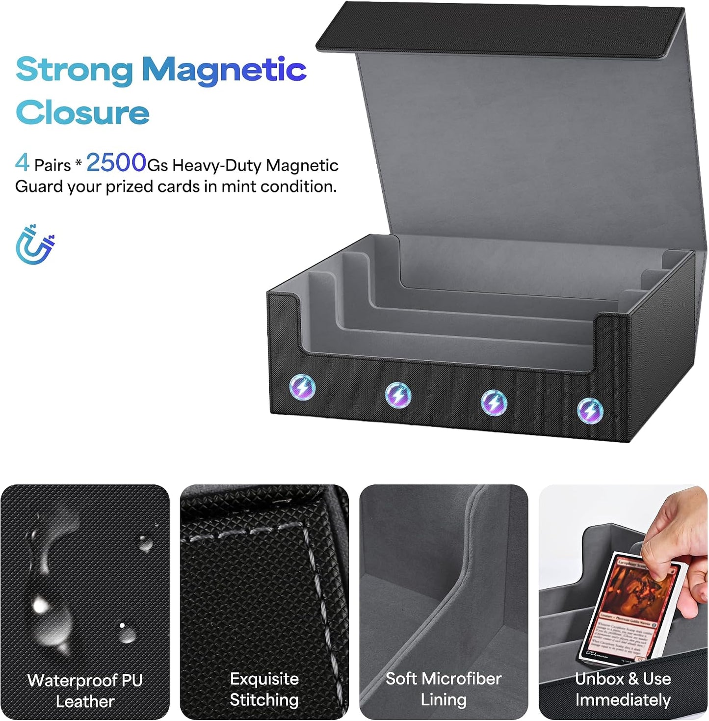 Hot UAONO Trading Card Storage Box, Holds 1800 Sleeved Cards with 10 Dividers & 3 Stoppers, Magnetic Closure PU Leather Card Case for MTG, PTCG, YGO, Sports Cards (Black)