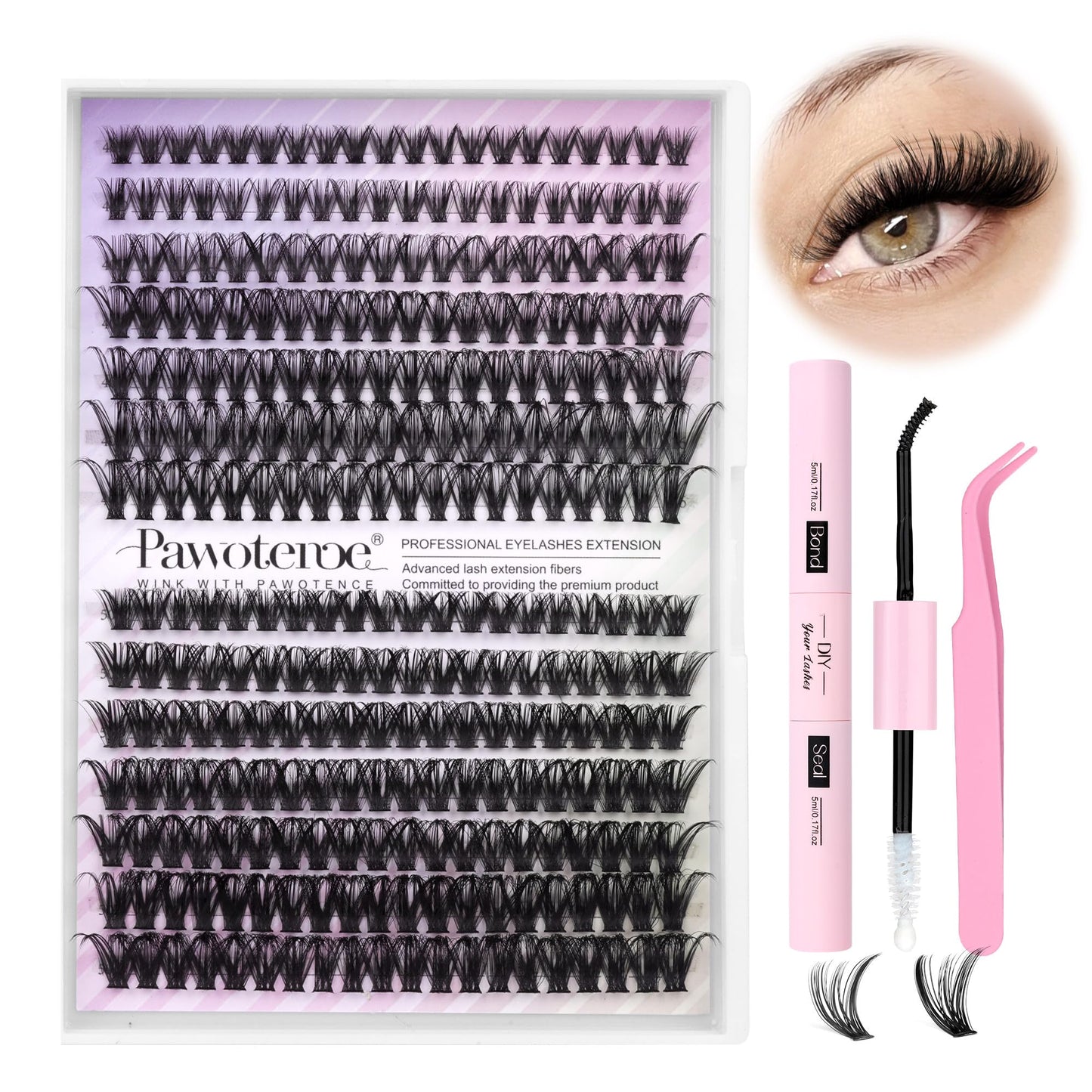 HotPawotence Lash Extension Kit DIY 280pcs Lash Clusters Eyelash Extension Kit, 9-16mm 30D 40D Individual Lashes Kit with Lash Bond and Seal, Lash Tweezers for Self Use (30D&40D, 0.07D, 9-16mm, Kit)