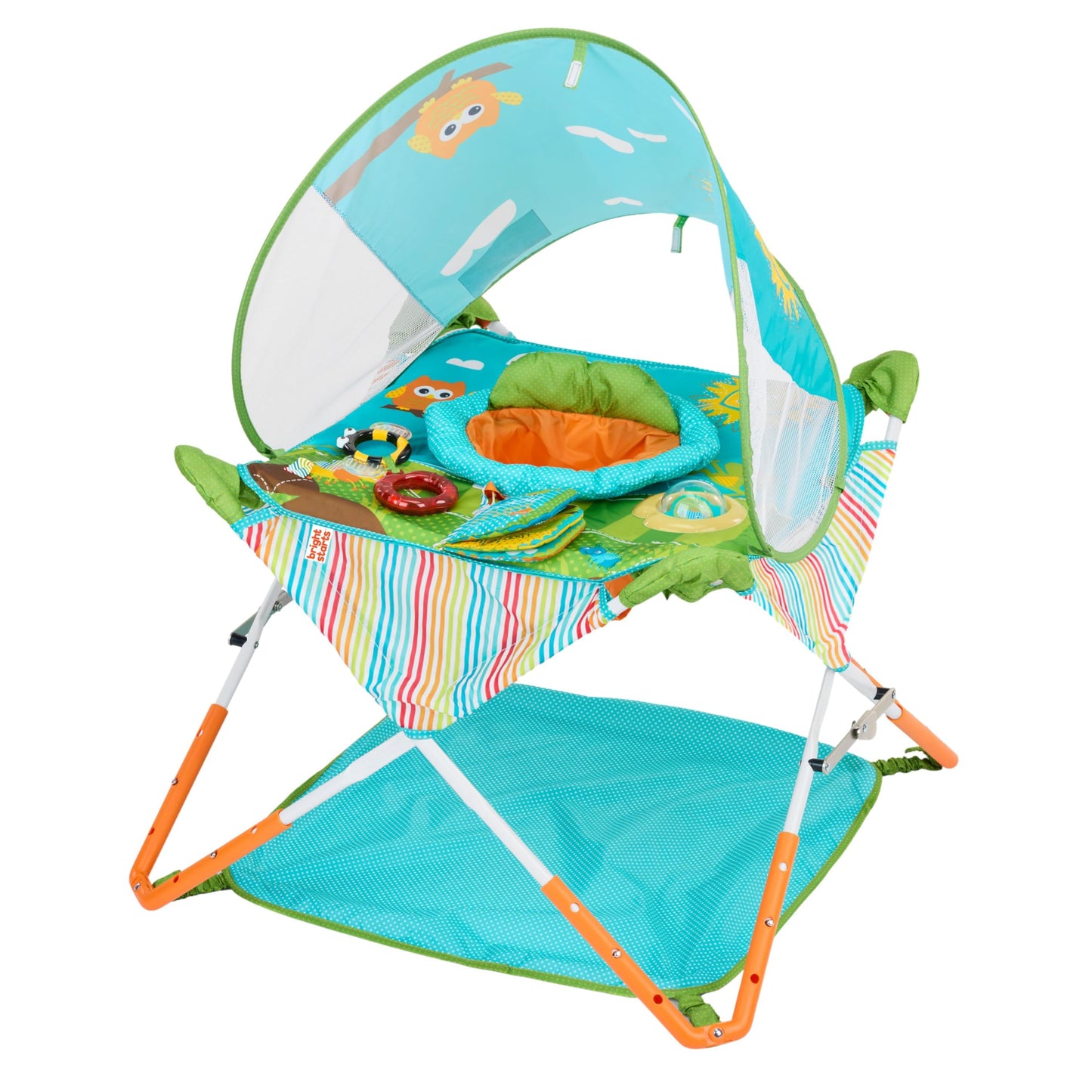Hot Bright Starts Pop 'N Jump Portable Baby Jumper, Foldable Indoor/Outdoor Baby Jumper with Owl Forest Sensory Activities, Ages 6–12 Months