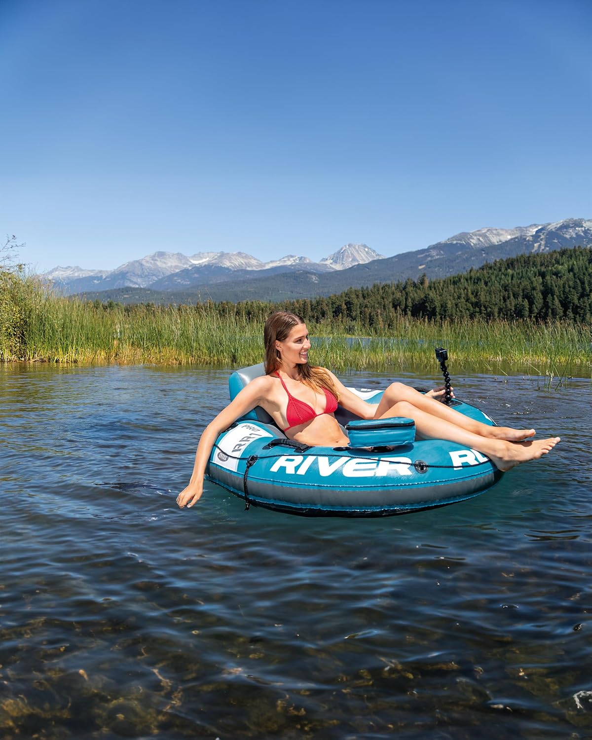 HotINTEX 56843EP River Run 1 Pro Inflatable Floating Lounge: GoPro/Phone Mount – Built-in Cup Holder and Storage Compartment – Durable Grab Handles – Easy-to-Use Connectors – 220lb Weight Capacity