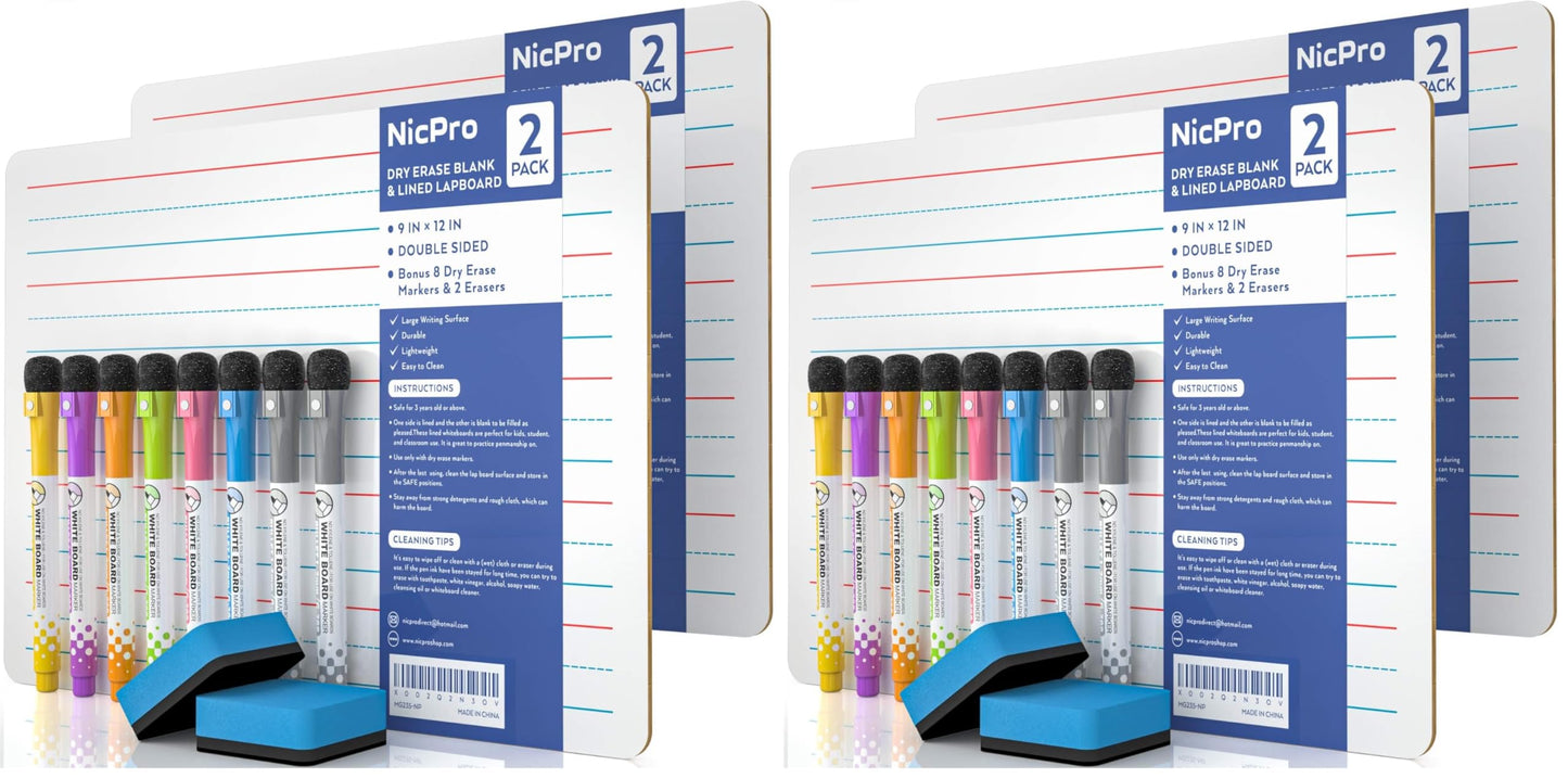 Hot Nicpro Dry Erase Lap Board 9 x 12 inches 2 Pack Ruled Kid Double Sided Blank & Lined Small Lapboard with 8 Pens, 2 Eraser, Learning Mini Whiteboard Portable for Student and Classroom Use