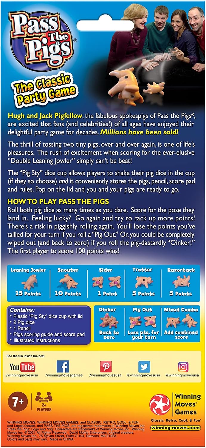 HotPass the Pigs, Hilarious Pig Dice Game by Winning Moves Games USA | Famous Family Favorite for 50 Years, 2 or more Players, Ages 7+