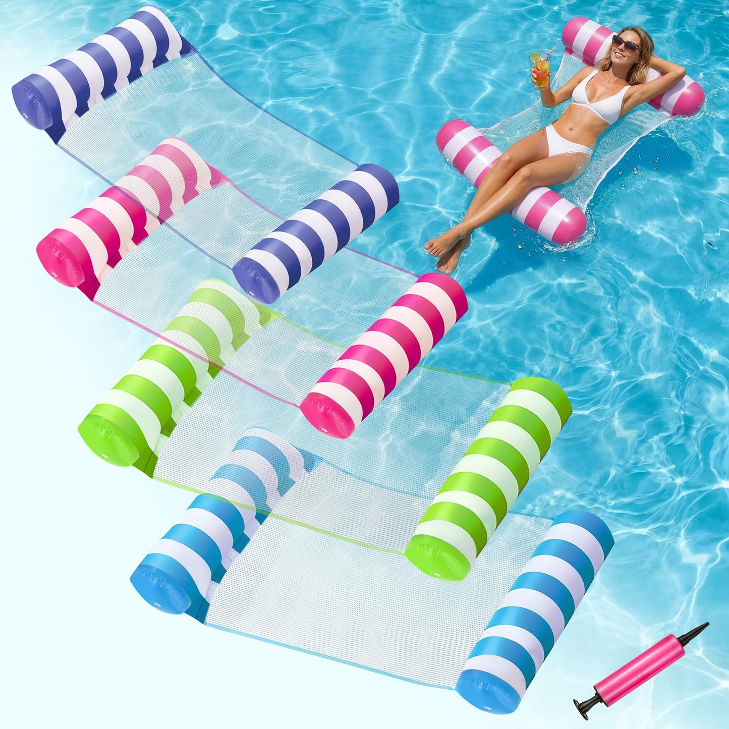 Hot4 Pack Inflatable Pool Floats, OKSUWATER 4-in-1 Water Hammock, Pool Floats Adult Size for Swimming Pool Party Summer Lake Water Fun